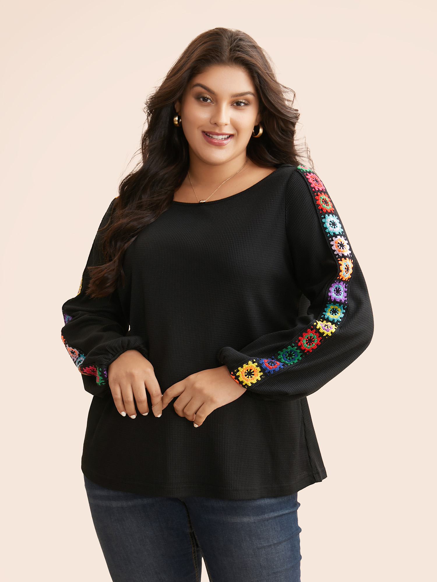 

Plus Size Crew Neck Patchwork Crochet Floral T-shirt Black Women Casual Woven ribbon&lace trim Non Everyday T-shirts BloomChic