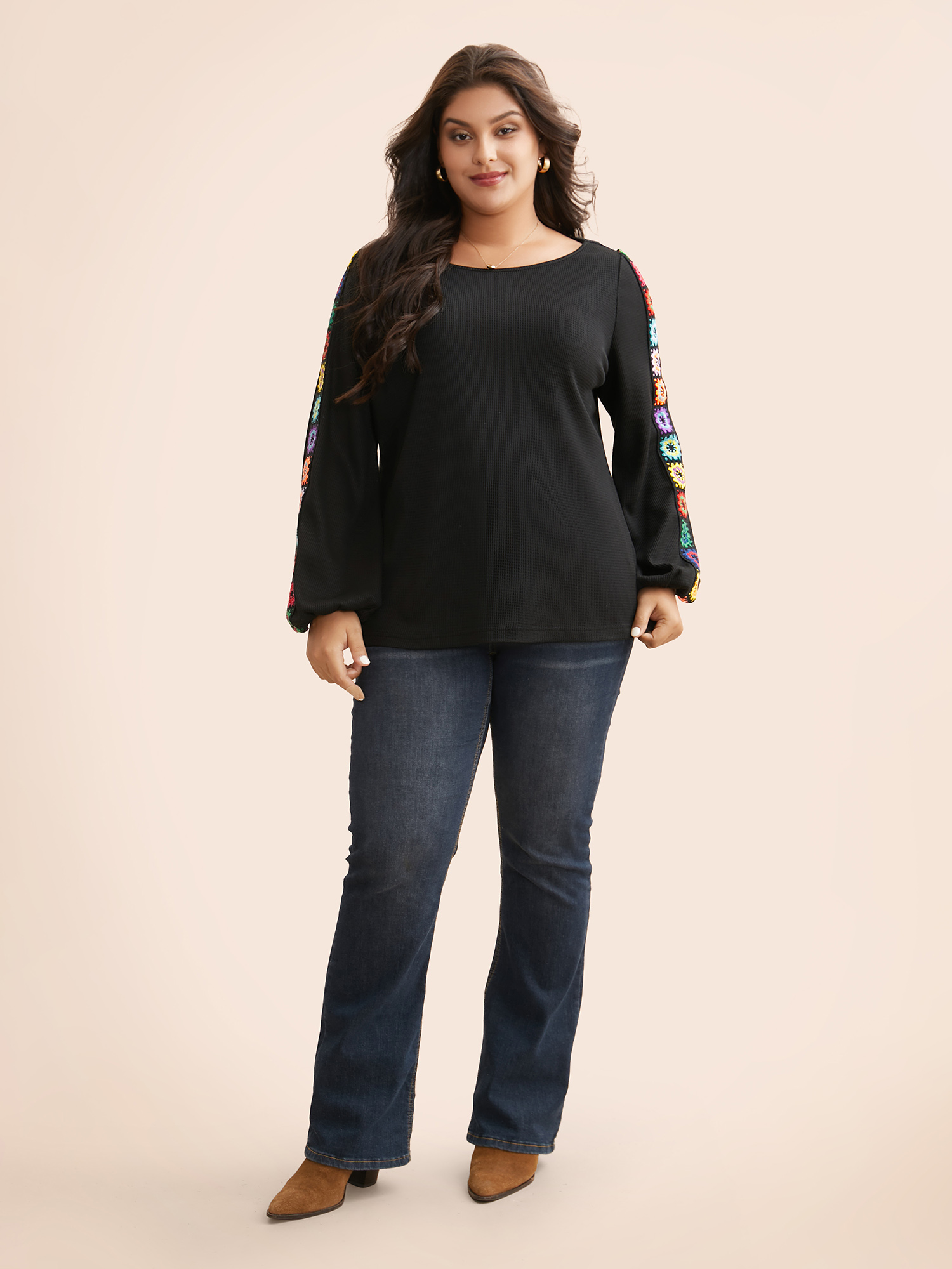 Plus Size Crew Neck Patchwork Crochet Floral T-shirt Black Women Casual Woven ribbon&lace trim Non Everyday T-shirts BloomChic 30/6X 
