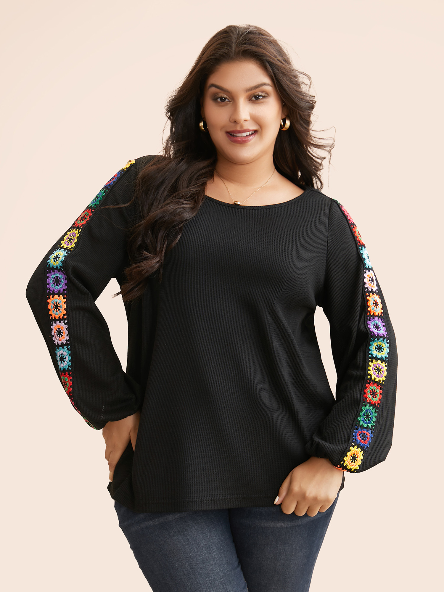 Plus Size Crew Neck Patchwork Crochet Floral T-shirt Black Women Casual Woven ribbon&lace trim Non Everyday T-shirts BloomChic 30/6X 