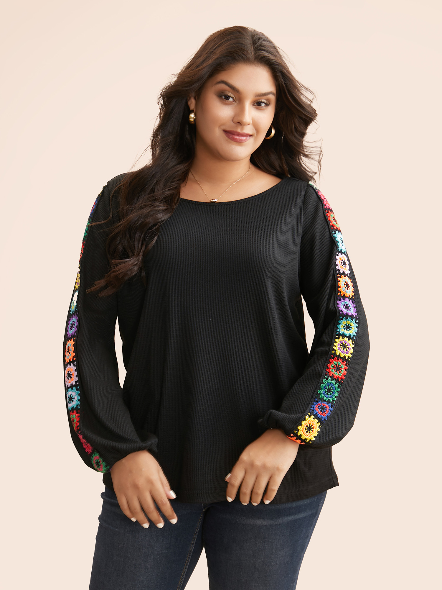 Plus Size Crew Neck Patchwork Crochet Floral T-shirt Black Women Casual Woven ribbon&lace trim Non Everyday T-shirts BloomChic 30/6X 