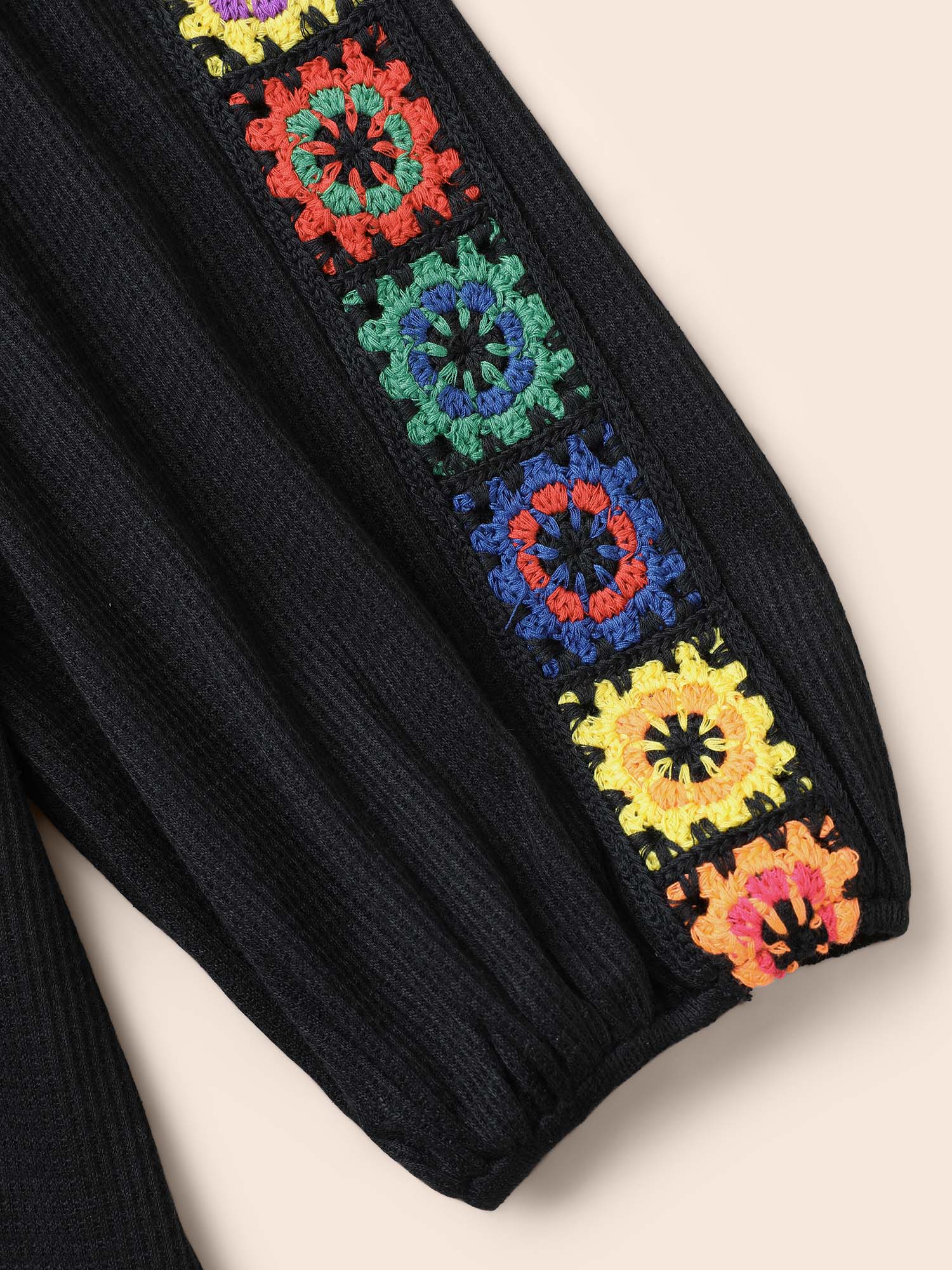 Plus Size Crew Neck Patchwork Crochet Floral T-shirt Black Women Casual Woven ribbon&lace trim Non Everyday T-shirts BloomChic 30/6X 