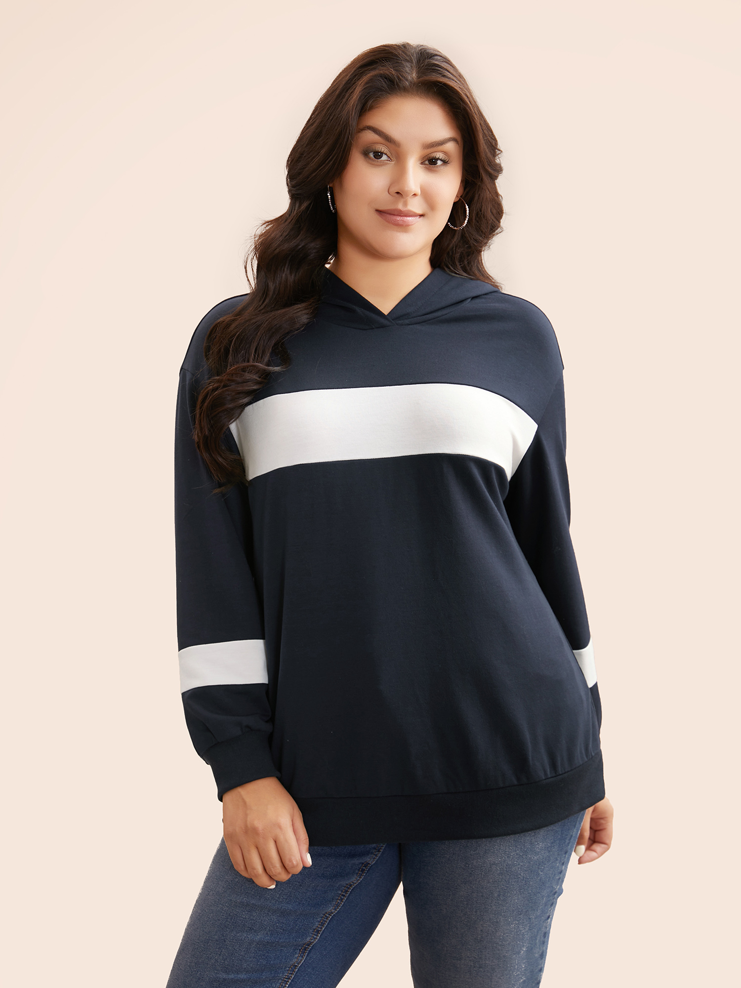 Plus Size Contrast Patchwork Hooded Sweatshirt Women Midnight Casual Contrast Hooded Everyday Sweatshirts BloomChic 12/L 