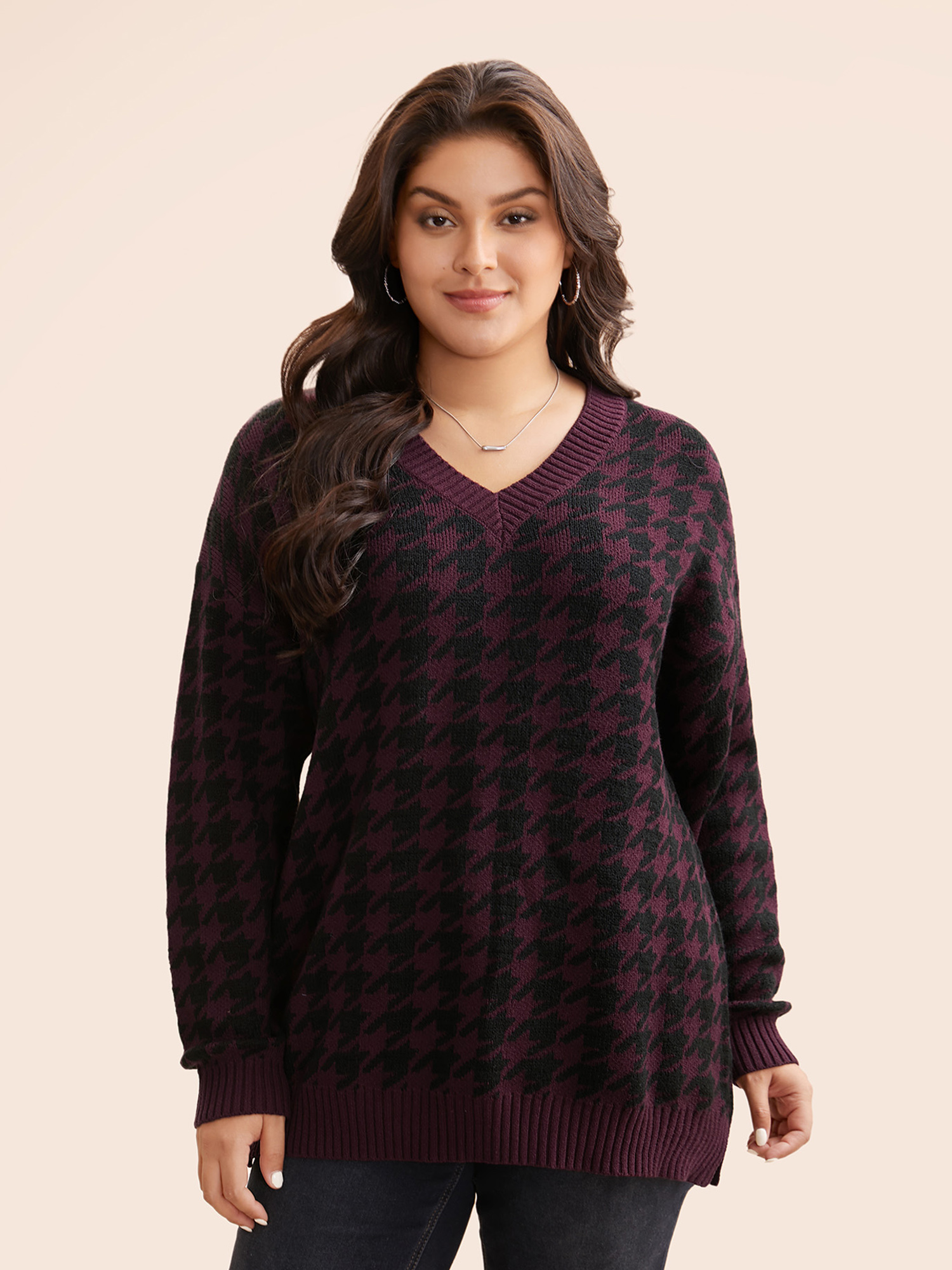 

Plus Size V Neck Houndstooth Drop Shoulder Pullover Plum Women Casual Loose Long Sleeve V-neck Everyday Pullovers BloomChic