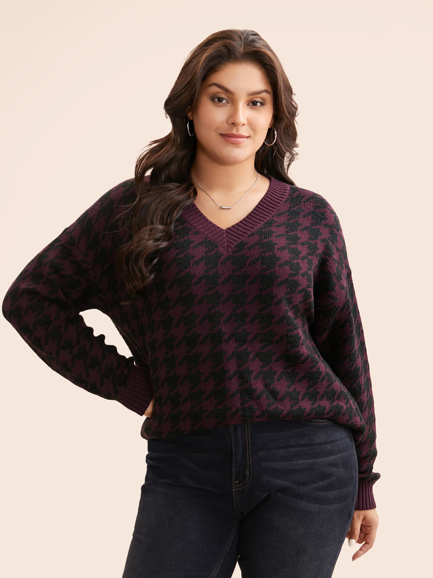 

Plus Size V Neck Houndstooth Drop Shoulder Pullover Plum Women Casual Loose Long Sleeve V-neck Everyday Pullovers BloomChic