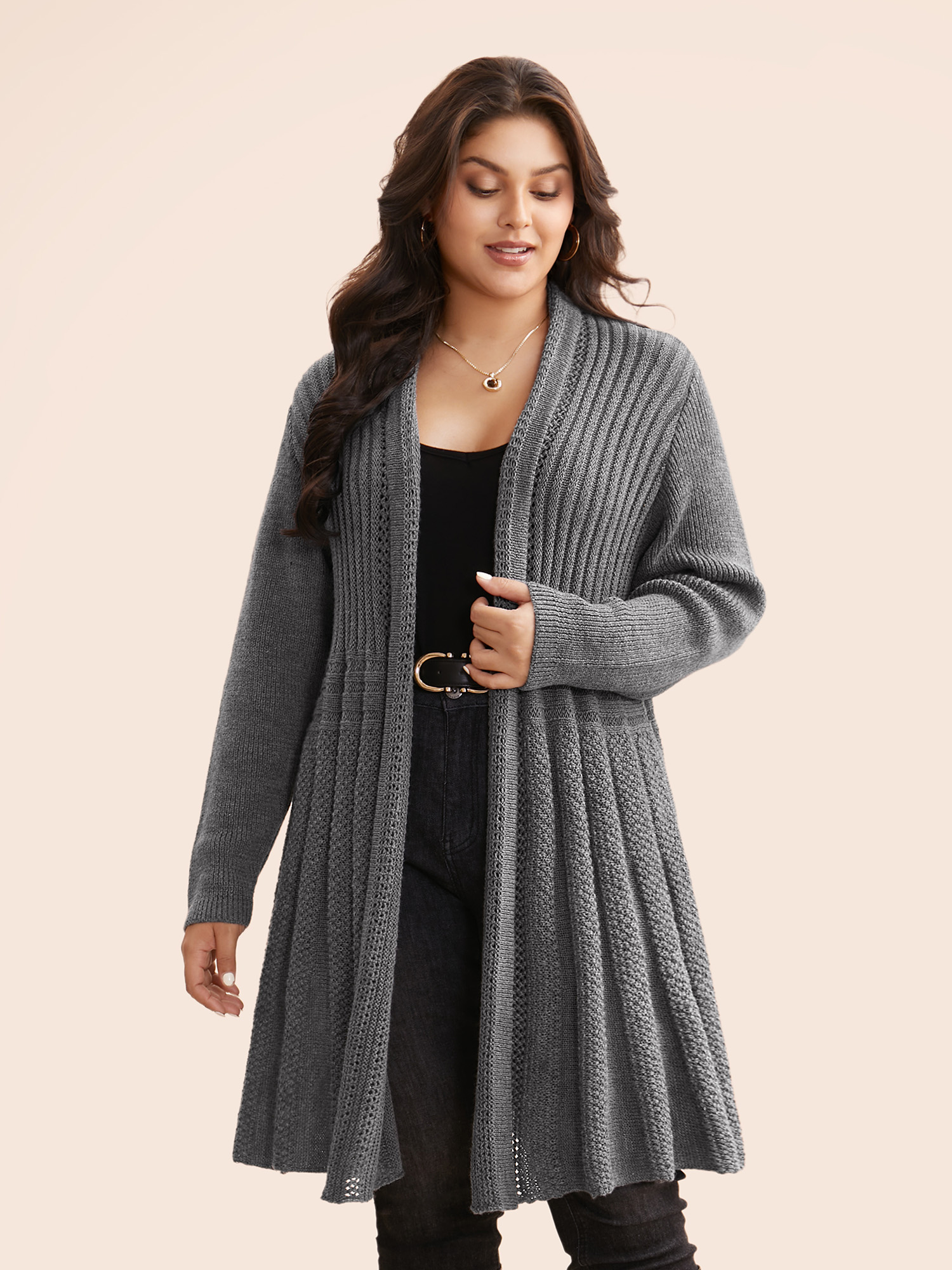 

Plus Size Plain Textured Kimono Collar Cardigan Mediumgray Women Casual Loose Long Sleeve Everyday Cardigans BloomChic