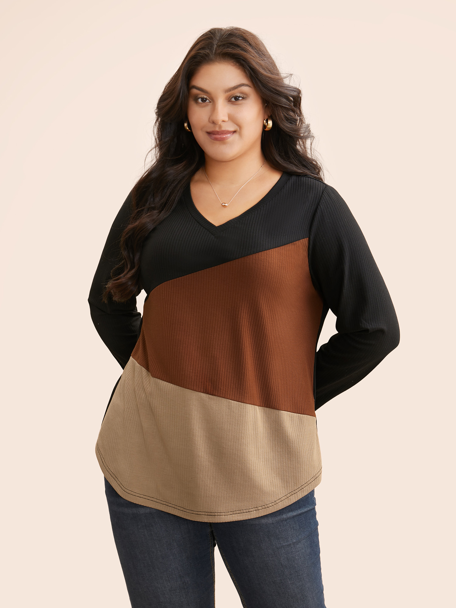 

Plus Size V Neck Contrast Patchwork Rib Knit T-shirt Multicolor Women Casual Contrast V-neck Everyday T-shirts BloomChic