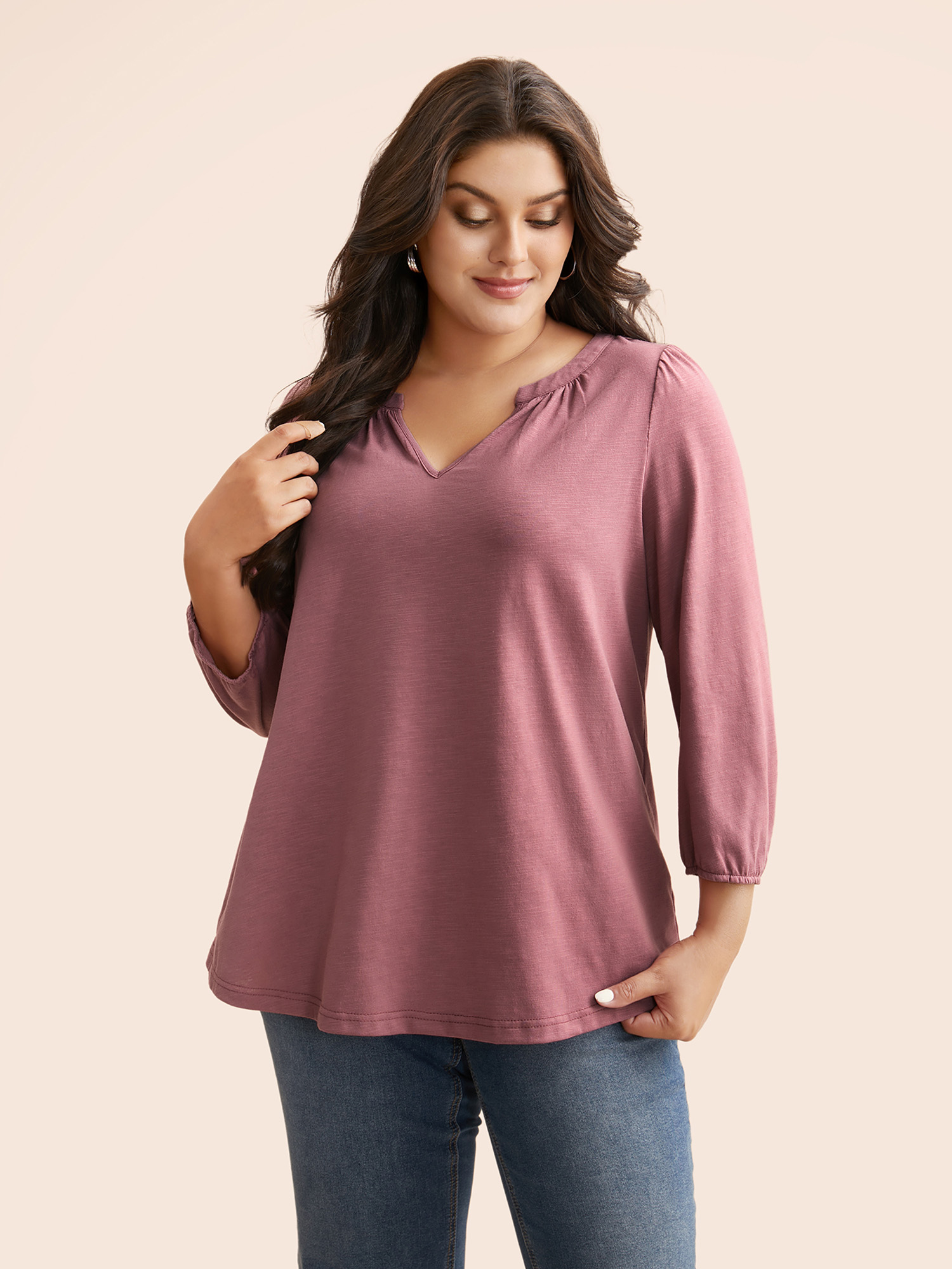 

Plus Size Notched Lantern Sleeve Gathered T-shirt DustyPink Women Casual Gathered Notched collar Everyday T-shirts BloomChic