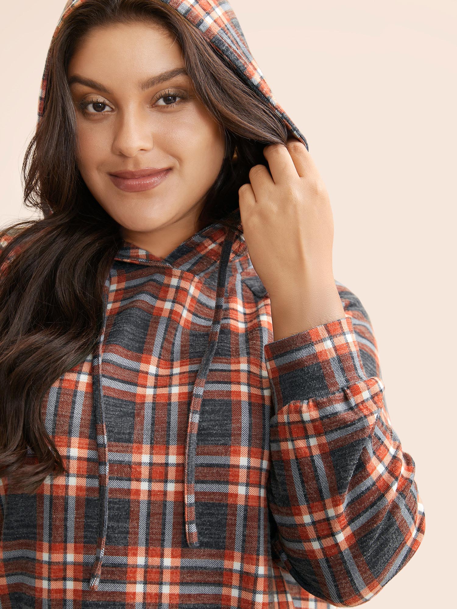 Plus Size Plaid Hooded Drawstring Raglan Sleeve Sweatshirt Women Multicolor Casual Drawstring Hooded Everyday Sweatshirts BloomChic 30/6X 