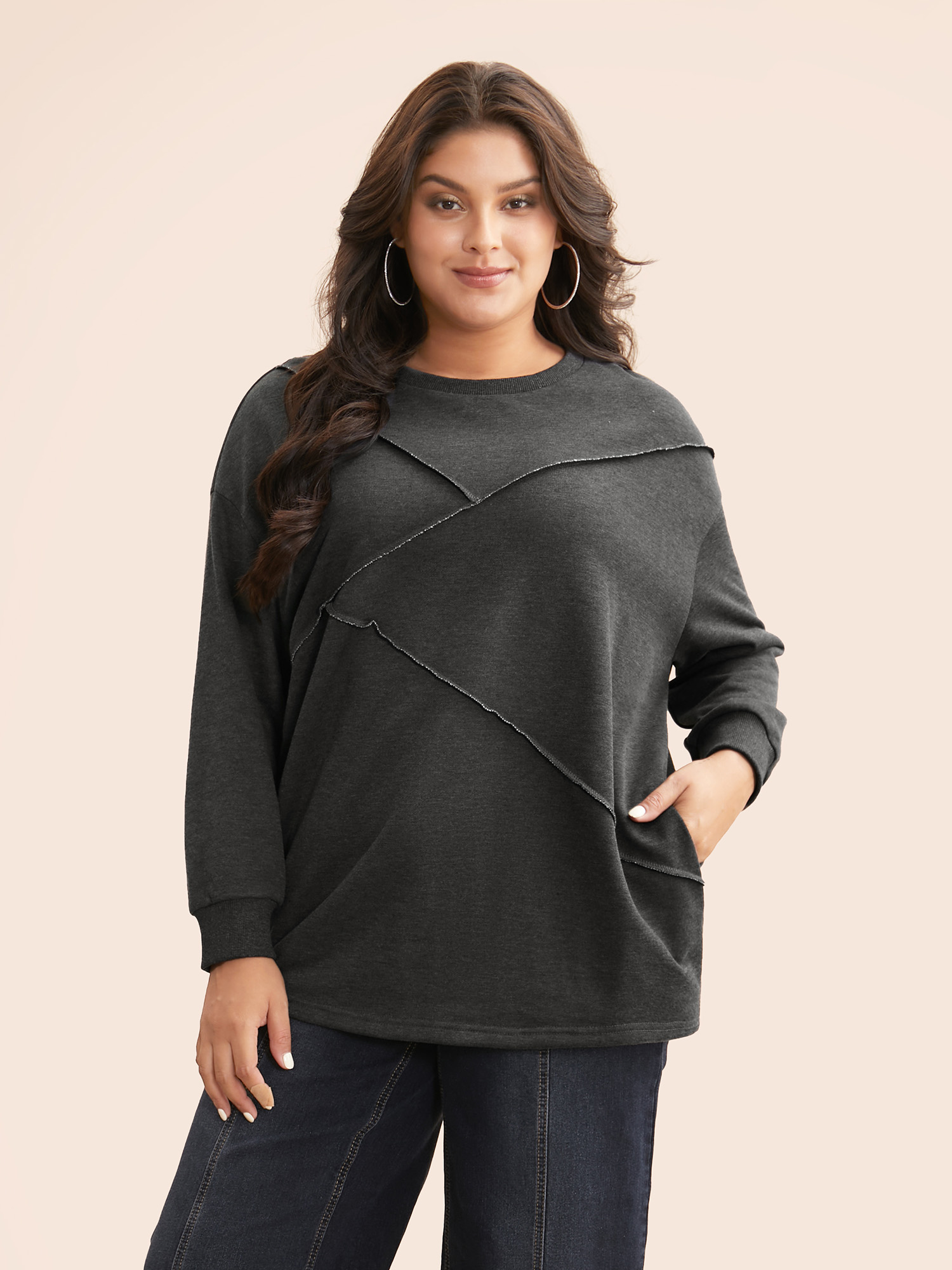 

Plus Size Tucked Seam Drop Shoulder Sleeve Sweatshirt Women DimGray Casual Tucked seam Loose Round Neck Everyday Sweatshirts BloomChic