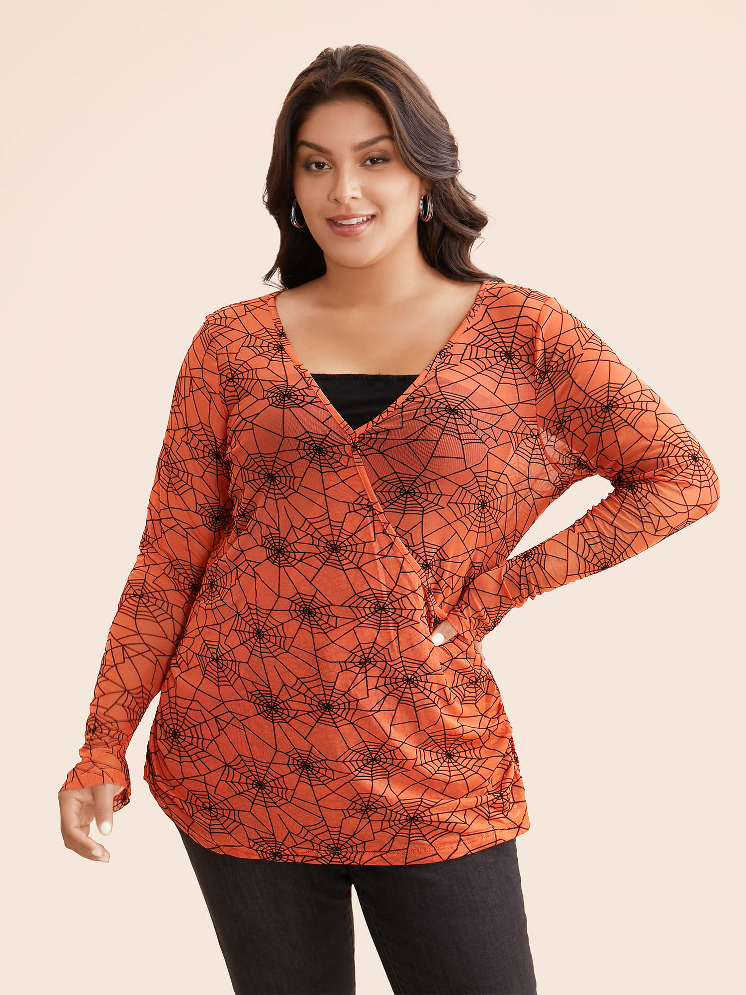 

Plus Size Spider Web Mesh V-Neck T-shirt OrangeRed Overlap Collar Extra Long Sleeve Elegant Jersey Tops