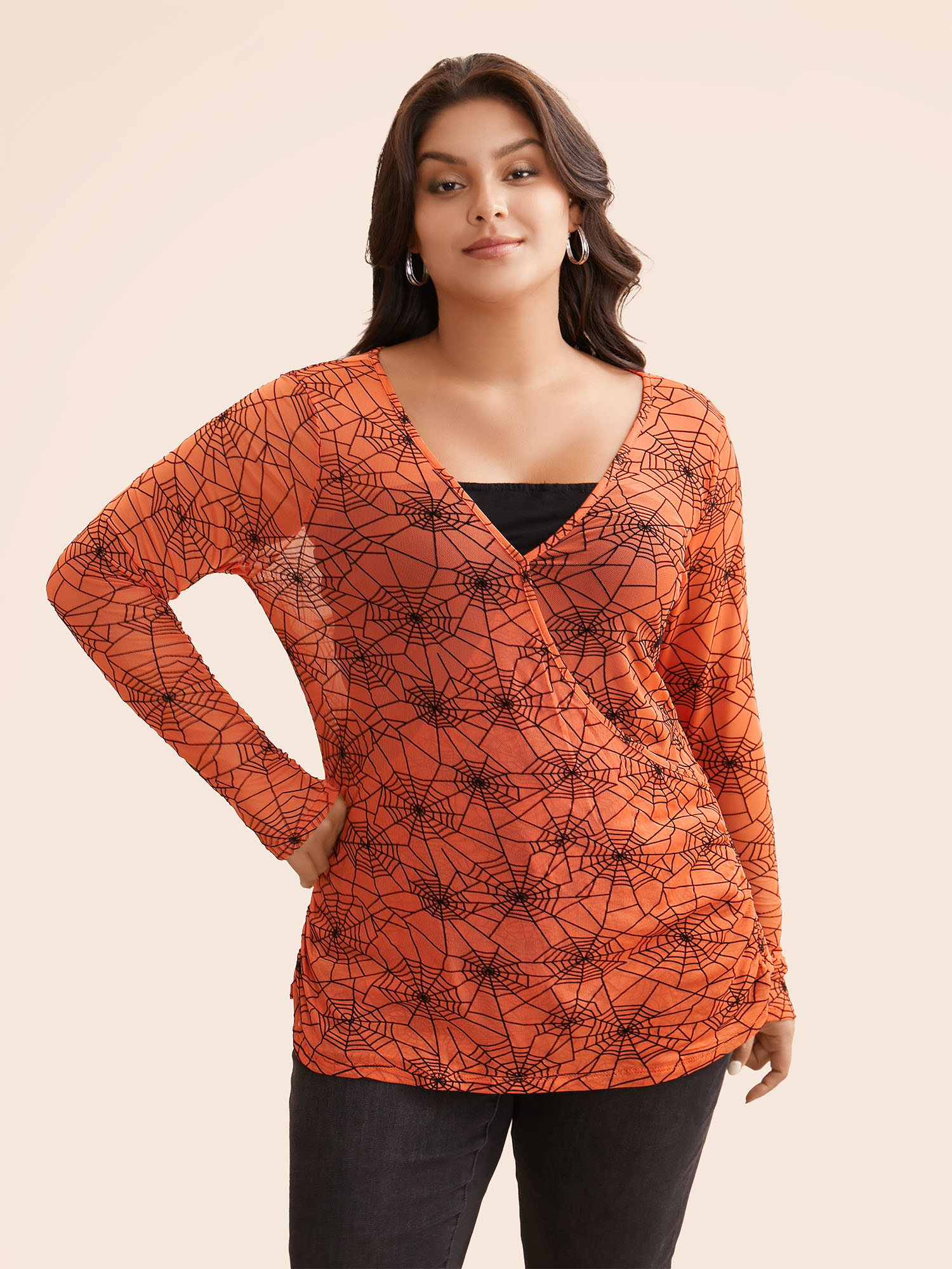 

Plus Size Spider Web Mesh V-Neck T-shirt OrangeRed Overlap Collar Extra Long Sleeve Elegant Jersey Tops