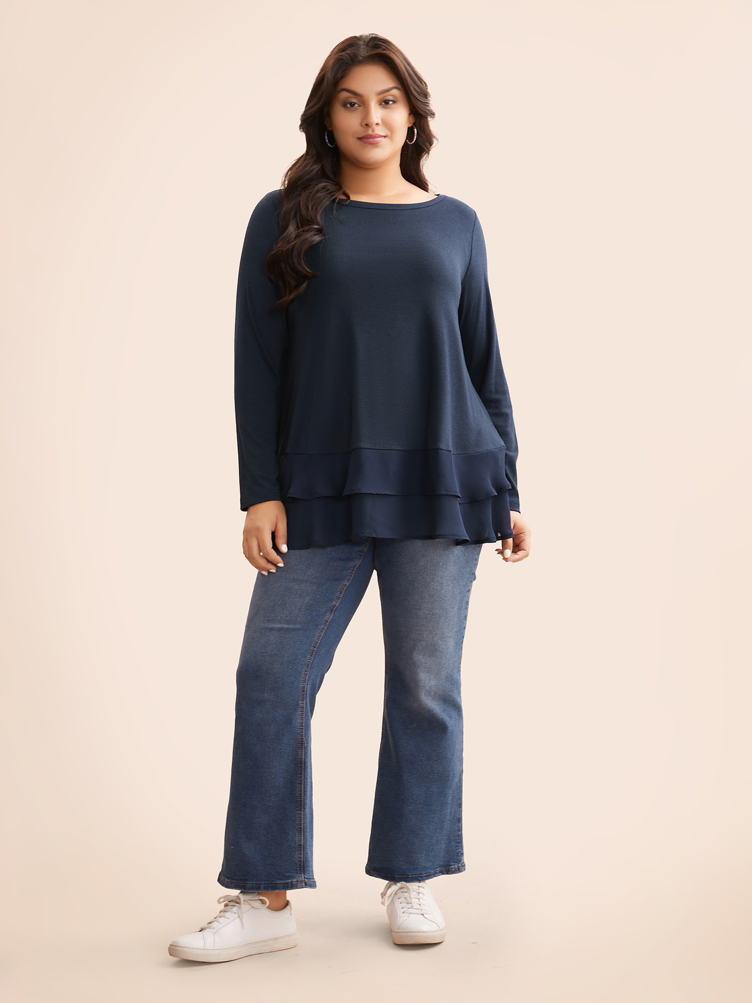 

Plus Size Boat Neck Patchwork Mesh Ruffles Top Indigo Boat Neck Extra Long Sleeve Casual Jersey Tops