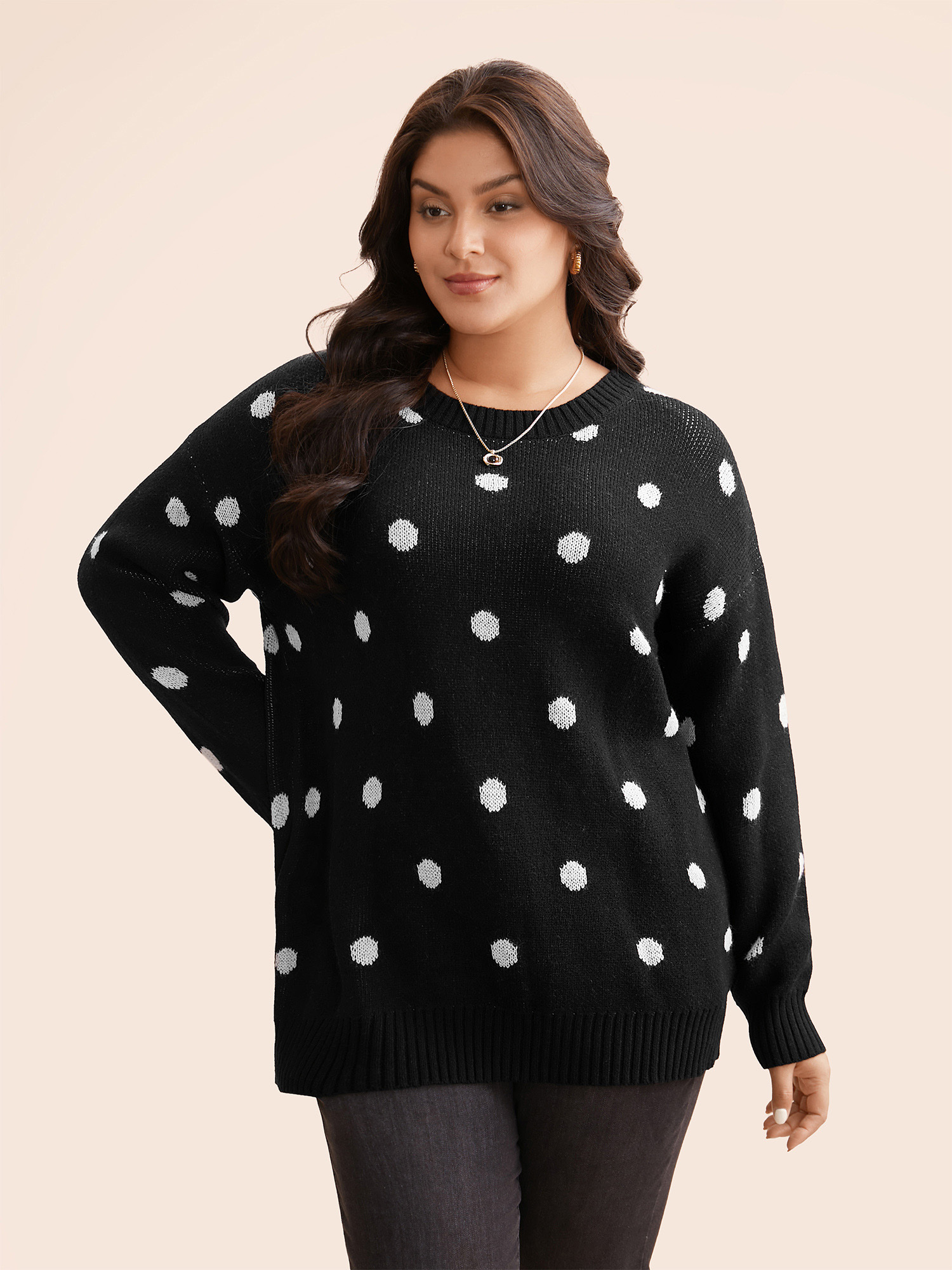 

Plus Size Polka Dot Drop Shoulder Sleeve Pullover Black Women Casual Loose Long Sleeve Round Neck Everyday Pullovers BloomChic