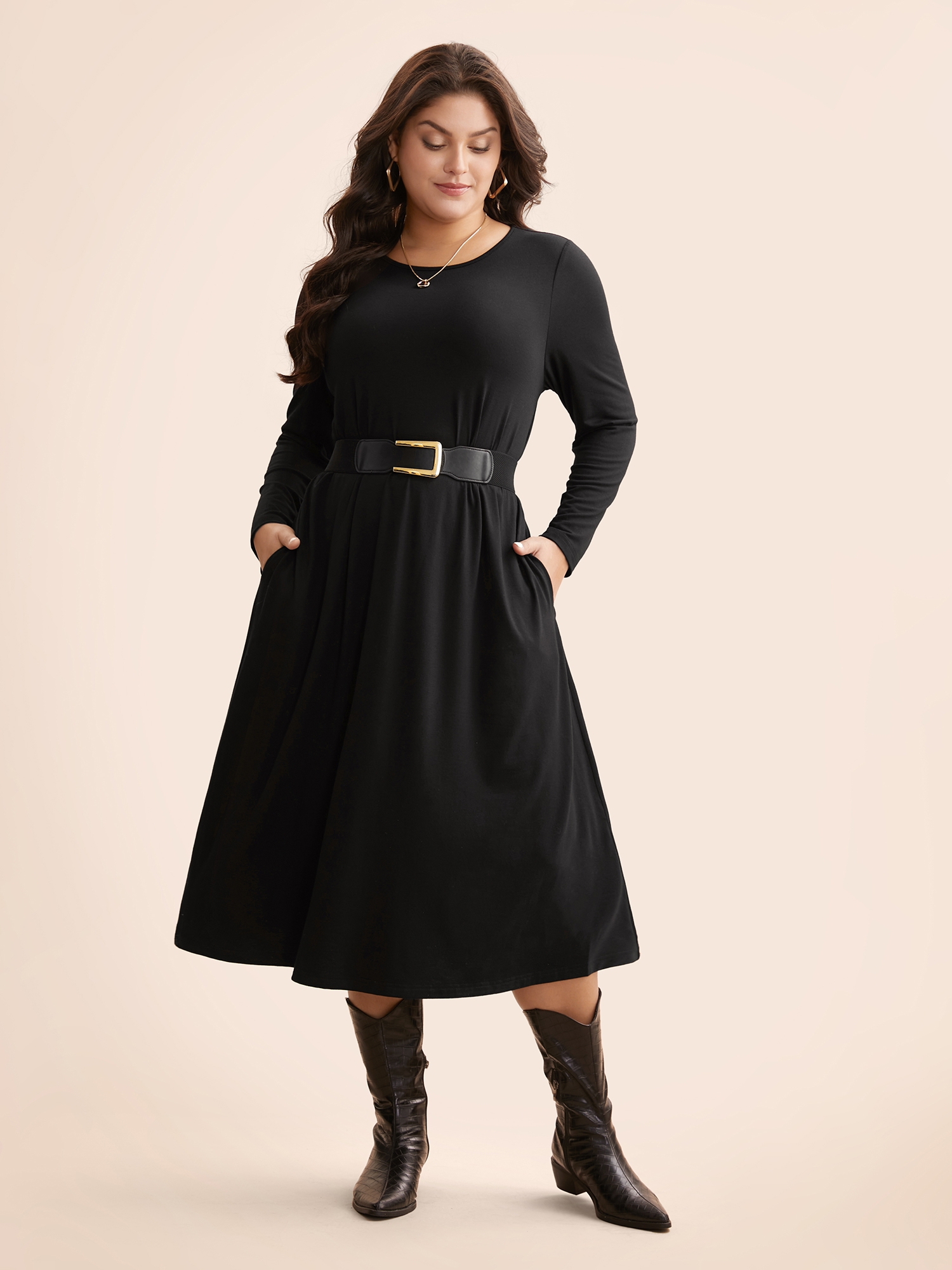 

Plus Size Crew Neck High Stretchy Knit Dress Black Women Casual Non Knit Dresses Bloomchic