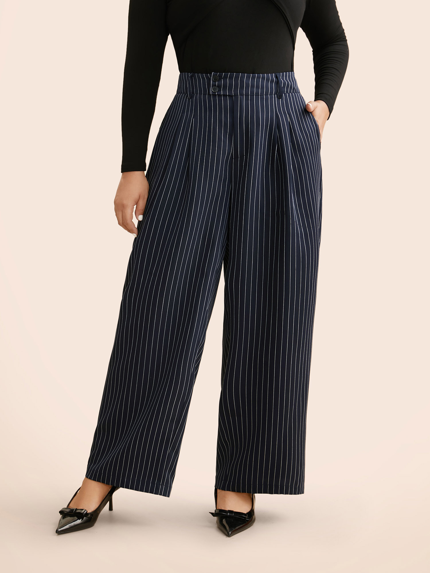 

Plus Size Striped Button Detail Mid Rise Wide Leg Pants Women Indigo At the Office Wide Leg Mid Rise Work Pants BloomChic