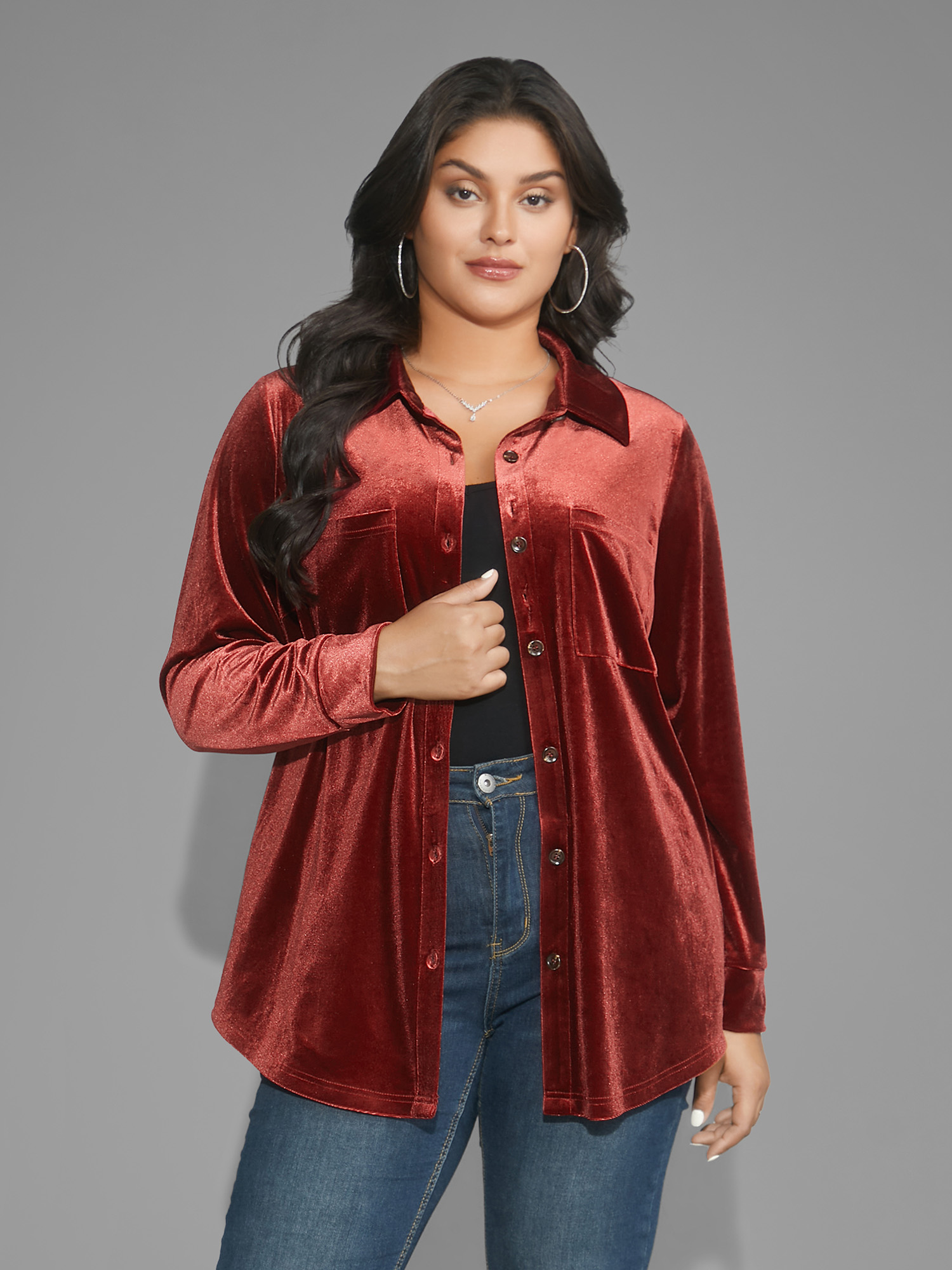 

Plus Size Velvet Curved Hem Gathered Shirt Russet Long Sleeve Shirt collar Elegant Shirts