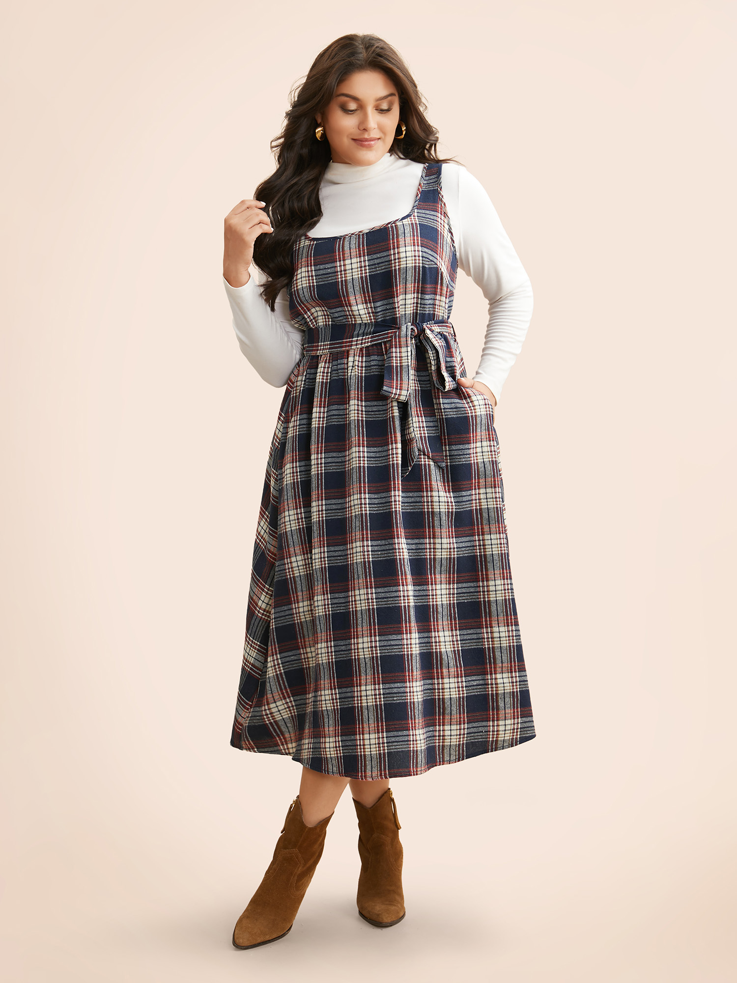 

Plus Size Square Neck Plaid Belted Dress DarkBlue Women Elegant Belted Square Neck Sleeveless Curvy BloomChic