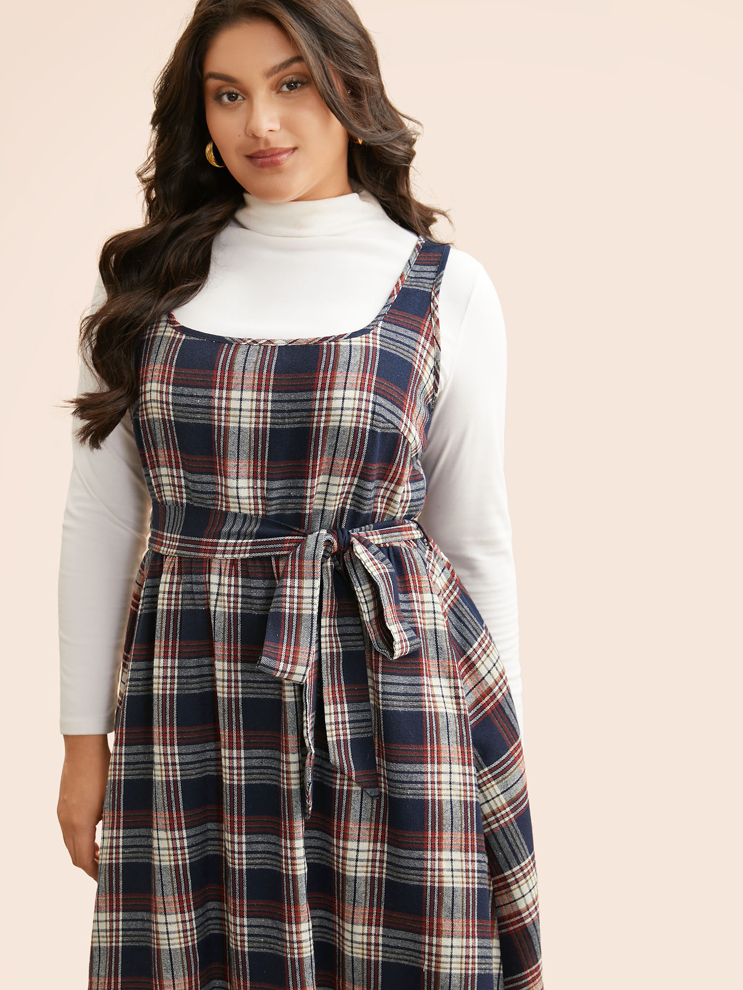 

Plus Size Square Neck Plaid Belted Dress DarkBlue Women Elegant Belted Square Neck Sleeveless Curvy BloomChic