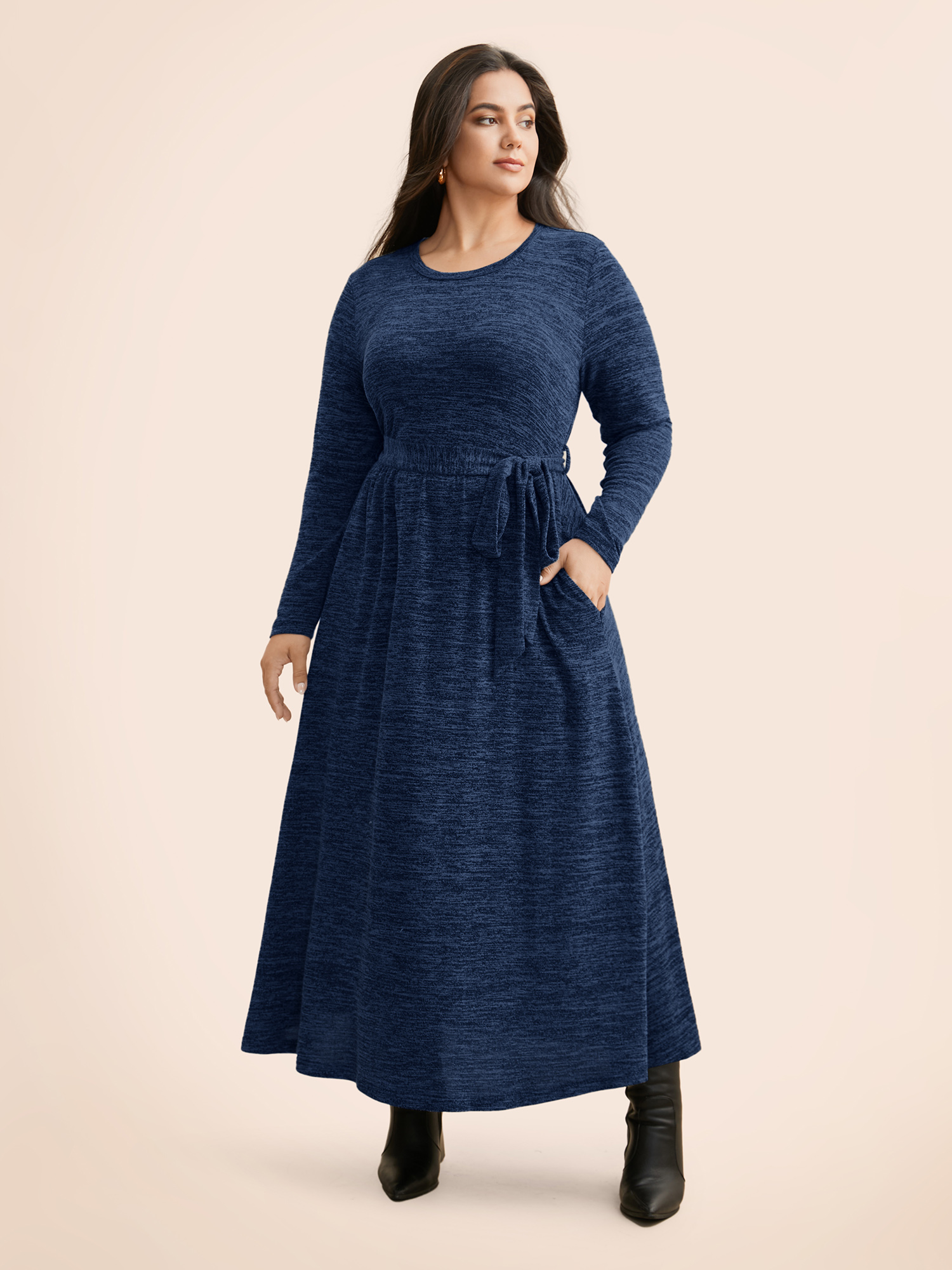 

Plus Size Round Neck Heather Belted Dress Mediumblue Women At the Office Texture Round Neck Long Sleeve Curvy BloomChic