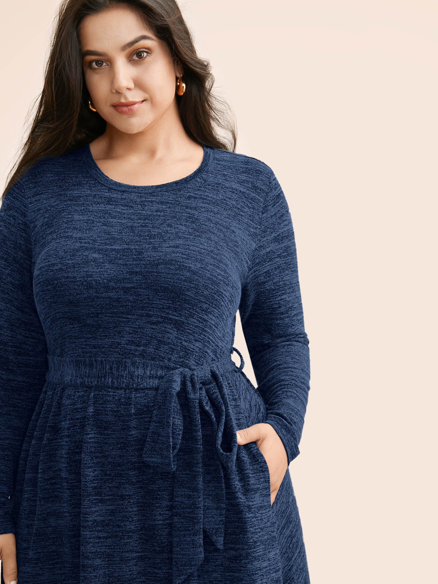 

Plus Size Round Neck Heather Belted Dress Mediumblue Women At the Office Texture Round Neck Long Sleeve Curvy BloomChic