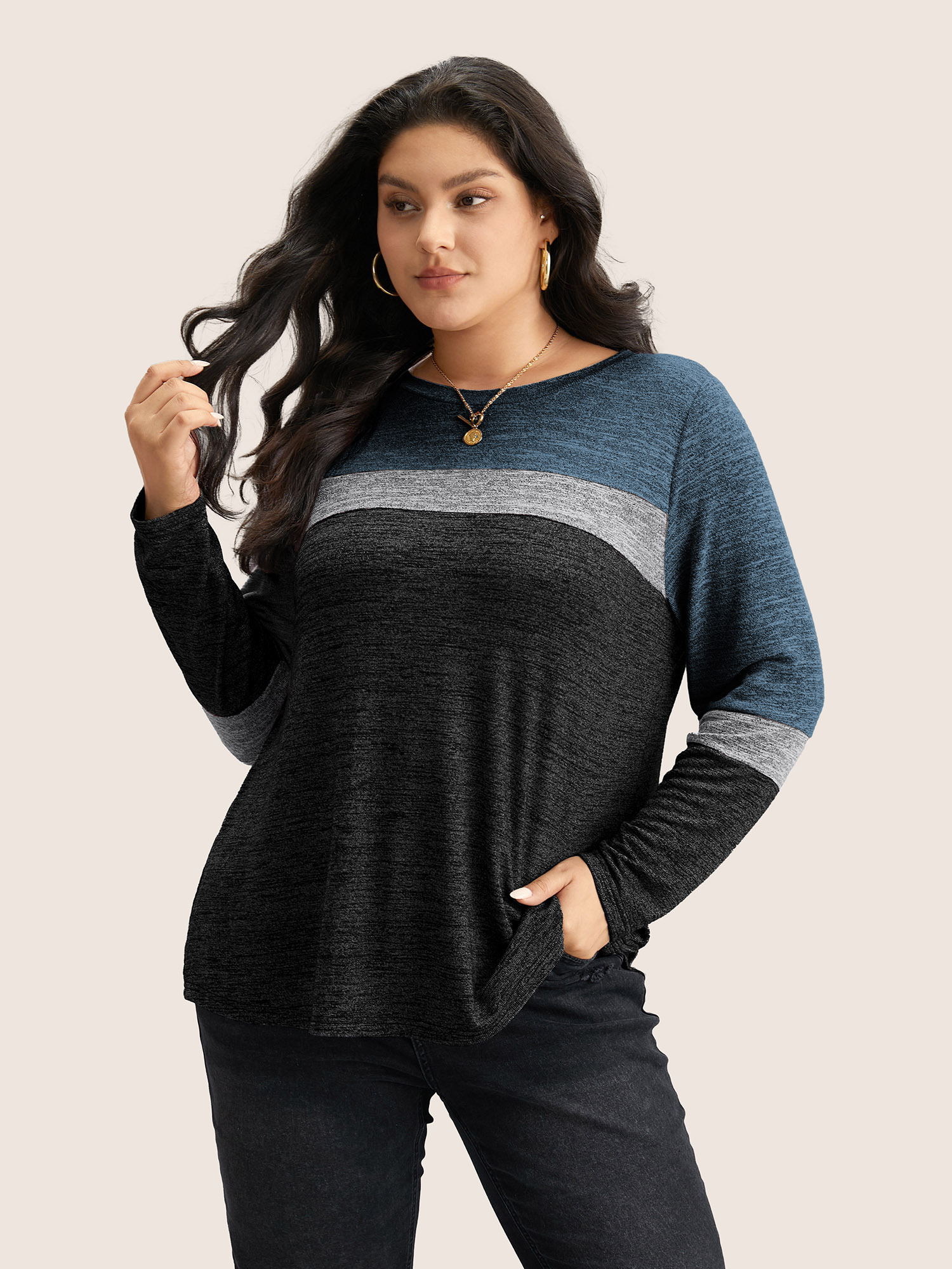 

Plus Size Heather Colorblock Contrast Crew Neck T-shirt DarkBlue Women Casual Texture Plain Round Neck Everyday T-shirts BloomChic