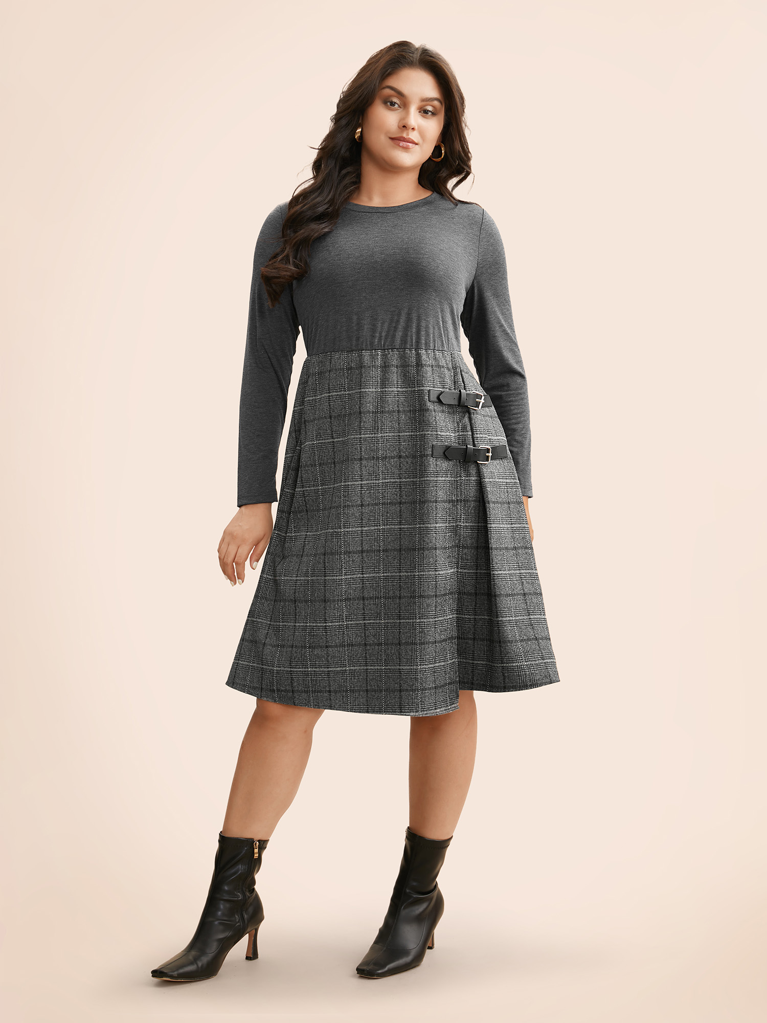 

Plus Size Plaid Patchwork Buckle Detail Pleated Dress DimGray Women At the Office Overlapping Round Neck Long Sleeve Curvy BloomChic