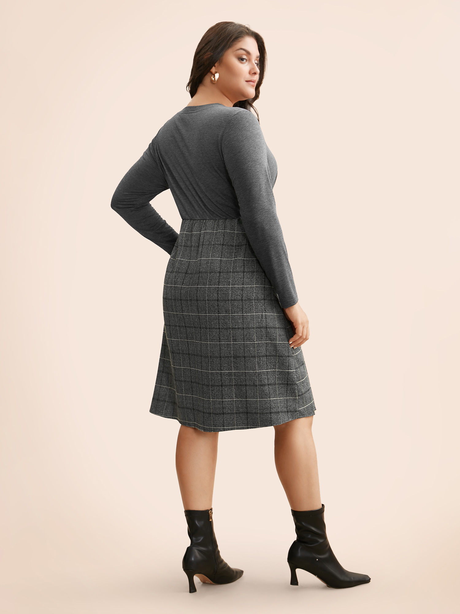 

Plus Size Plaid Patchwork Buckle Detail Pleated Dress DimGray Women At the Office Overlapping Round Neck Long Sleeve Curvy BloomChic