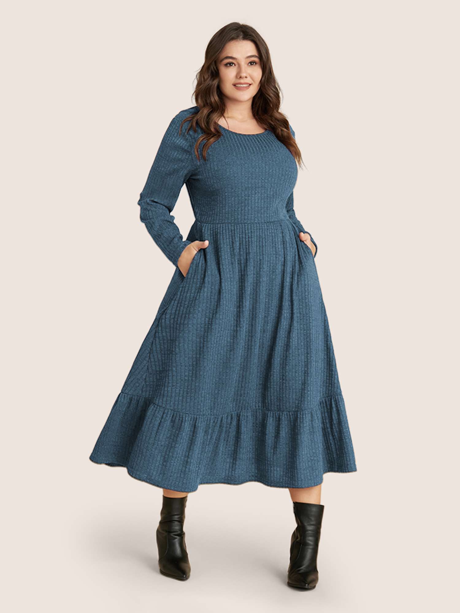 

Plus Size Solid Pocket Rib Knit Ruffle Hem Dress Without Belt Stone Women Basics Non Round Neck Long Sleeve Curvy Midi Dress BloomChic