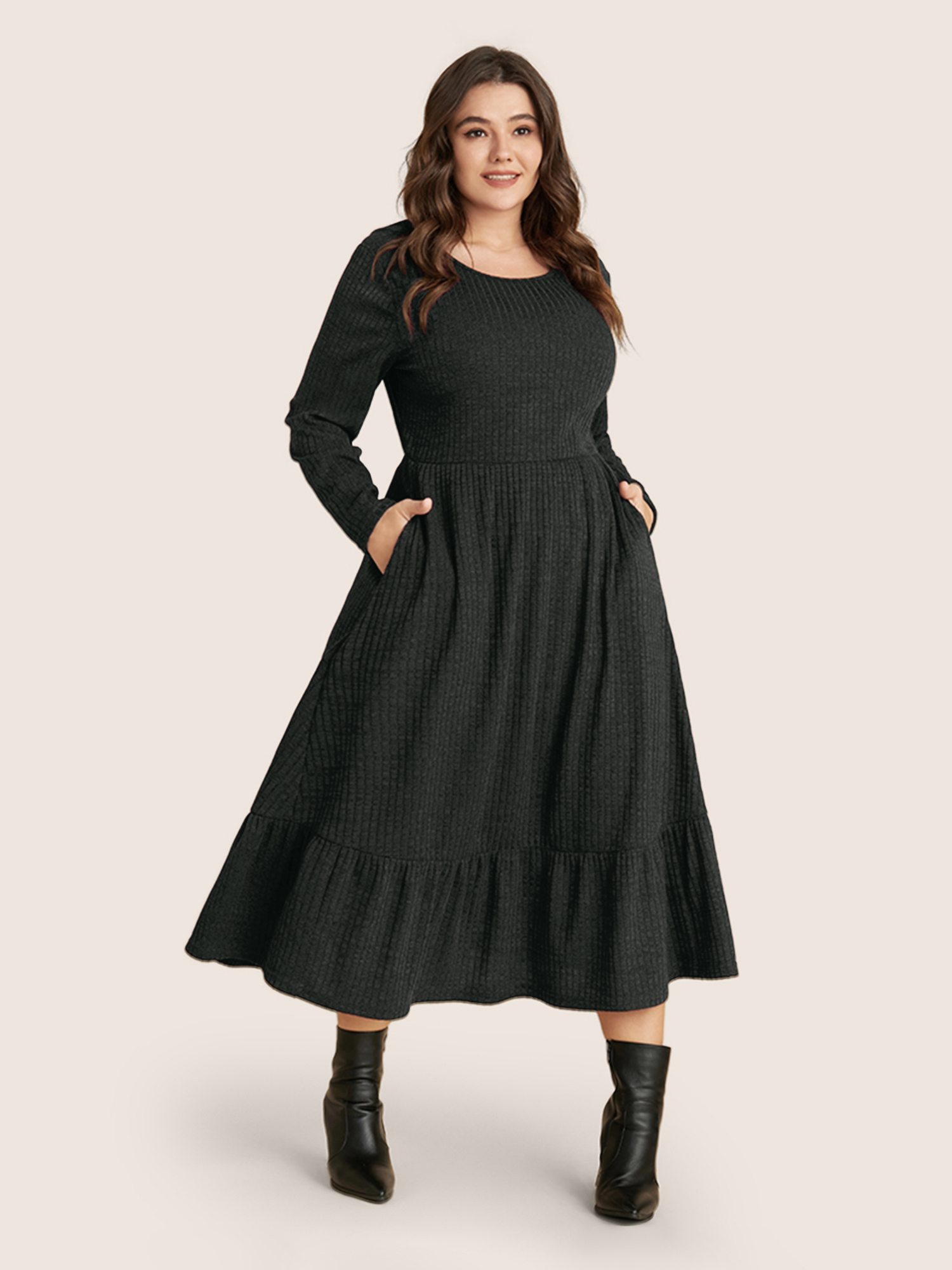 

Plus Size Solid Pocket Rib Knit Ruffle Hem Dress Without Belt DimGray Women Basics Non Round Neck Long Sleeve Curvy Midi Dress BloomChic