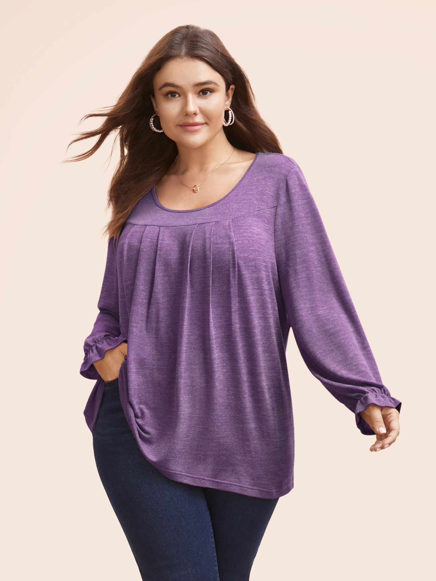 

Plus Size Round Neck Heather Pleated T-shirt Mauve Women Elegant Pleated Round Neck Loose Everyday T-shirts BloomChic