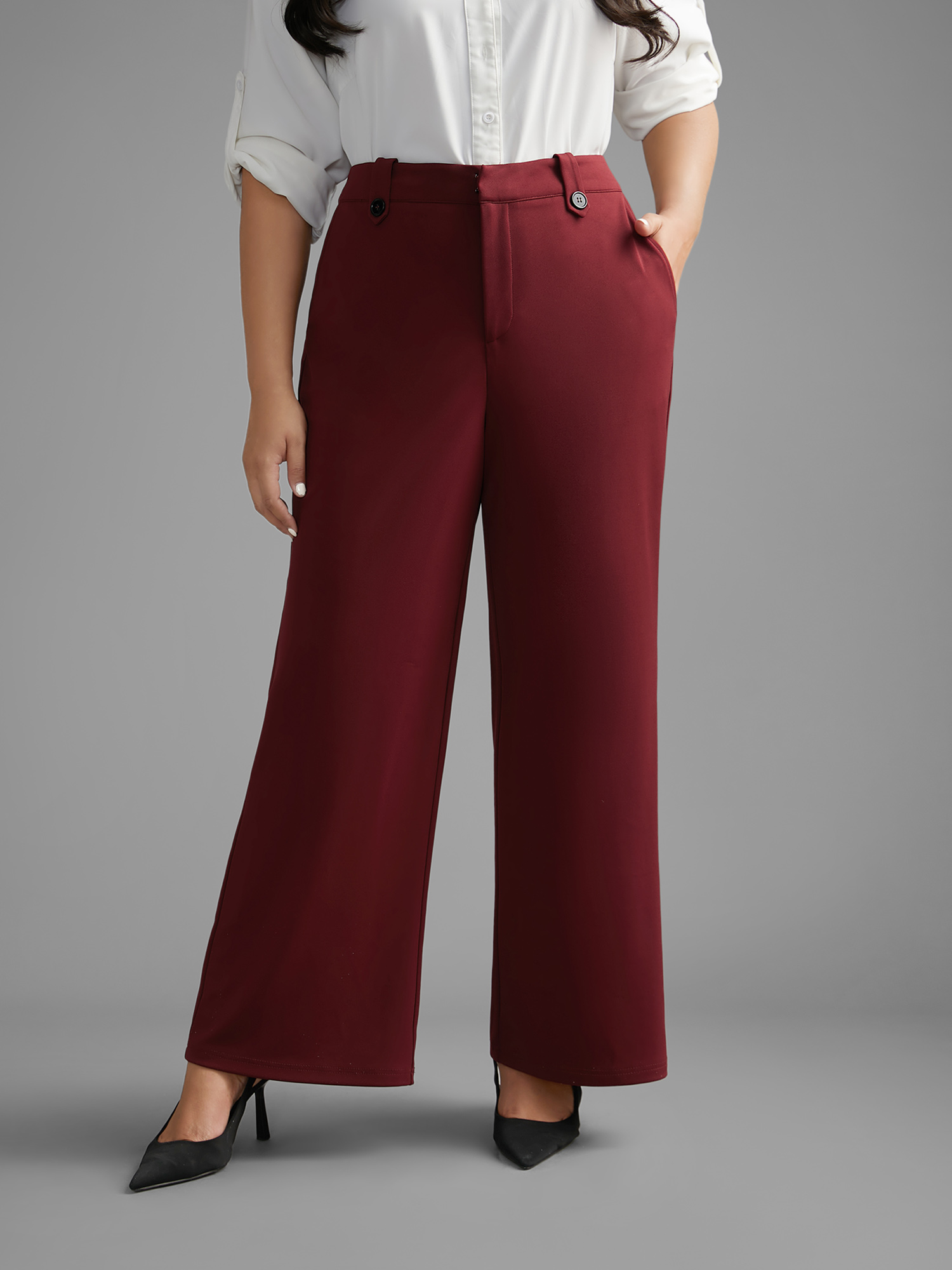 

Plus Size Mid Rise Buckle Detail Bootcut Pants Women Scarlet At the Office Straight Leg Mid Rise Work Pants BloomChic