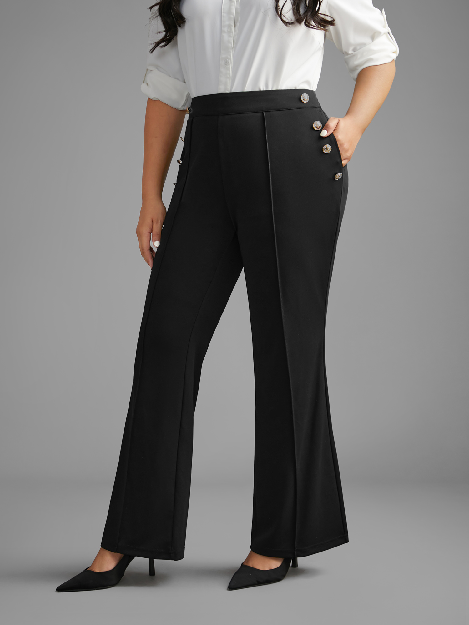 Plus Size Stretchy Woven Button Detail Bootcut Pants Women Black At the Office Bootcut Mid Rise Work Pants BloomChic 10/M 
