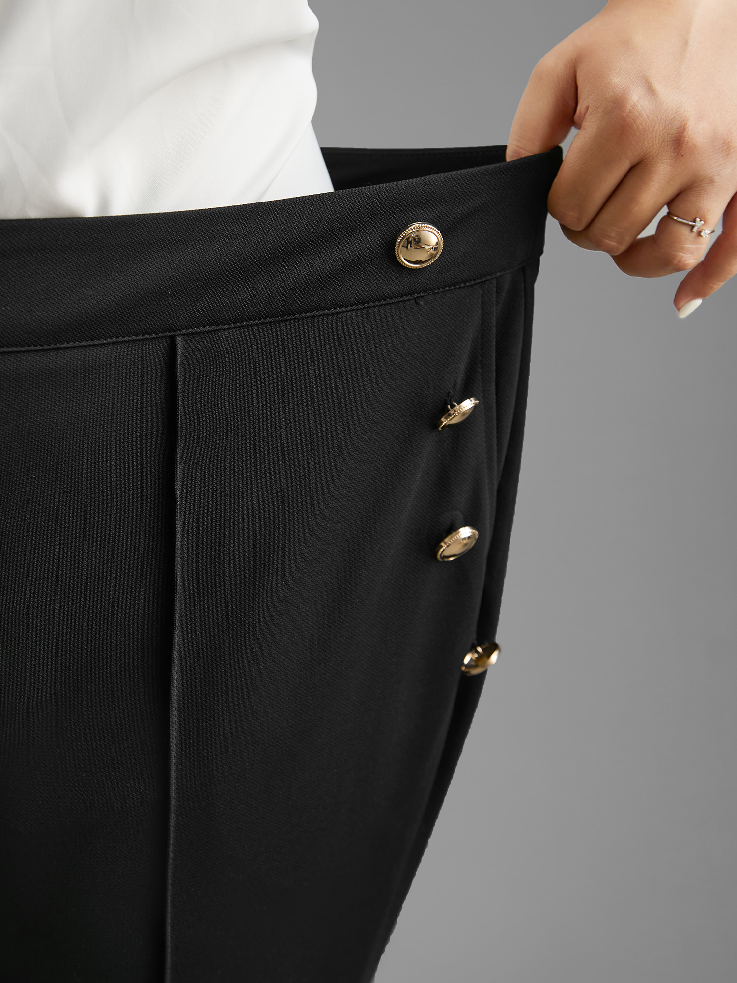 Plus Size Stretchy Woven Button Detail Bootcut Pants Women Black At the Office Bootcut Mid Rise Work Pants BloomChic 10/M 
