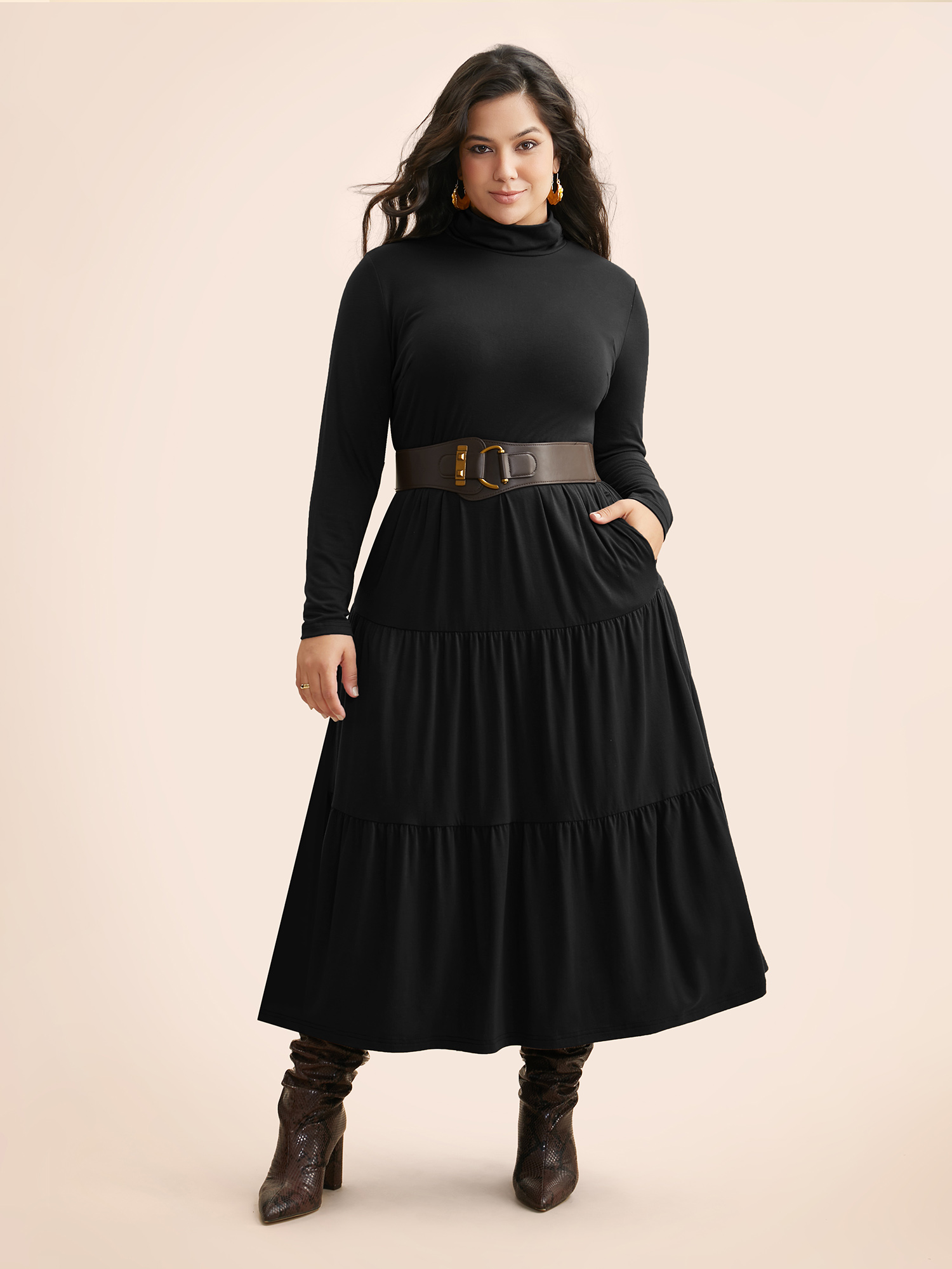 

Plus Size Supersoft Essentials Funnel Neck Tiered Midi Dress Pureblack Women Casual Ruffles Mock Neck Long Sleeve Curvy BloomChic