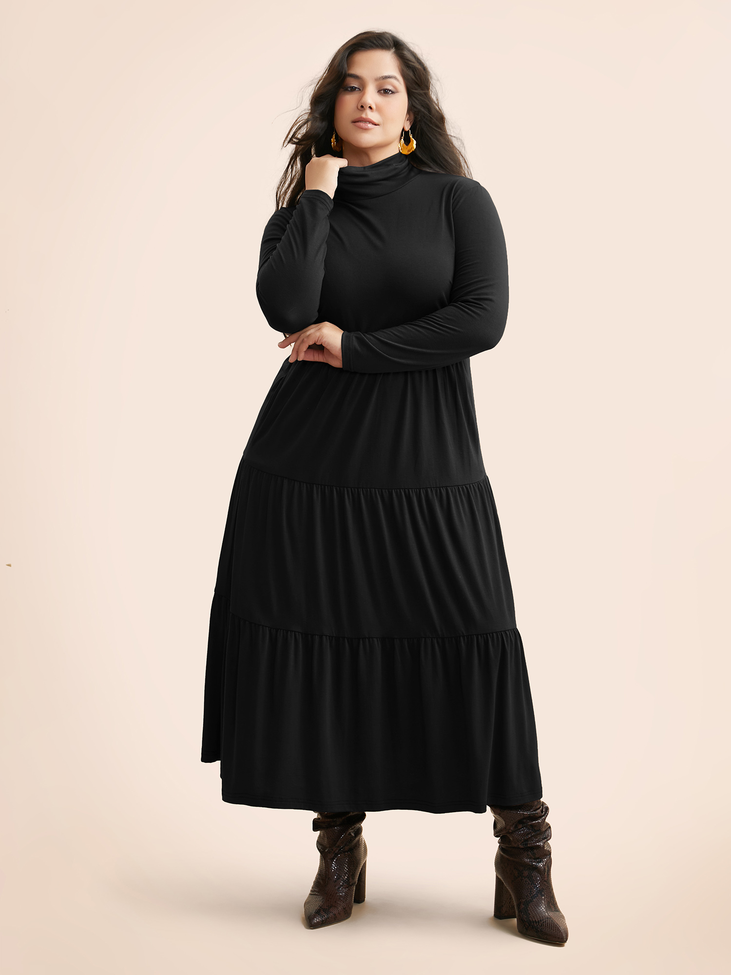 

Plus Size Supersoft Essentials Funnel Neck Tiered Midi Dress Pureblack Women Casual Ruffles Mock Neck Long Sleeve Curvy BloomChic