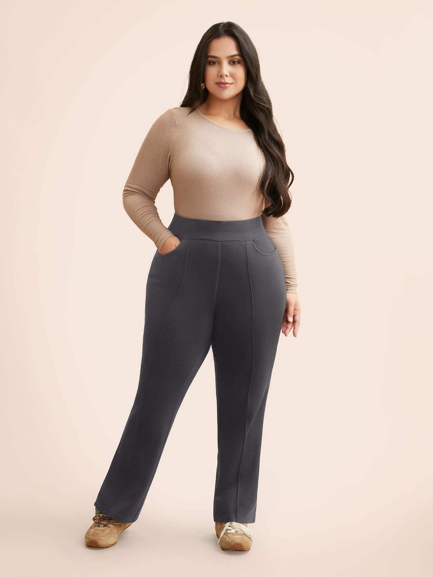 

Plus Size Supersoft Essentials Pintuck Elastic Waist Pants Women DimGray Casual Bootcut Mid Rise Everyday Pants BloomChic