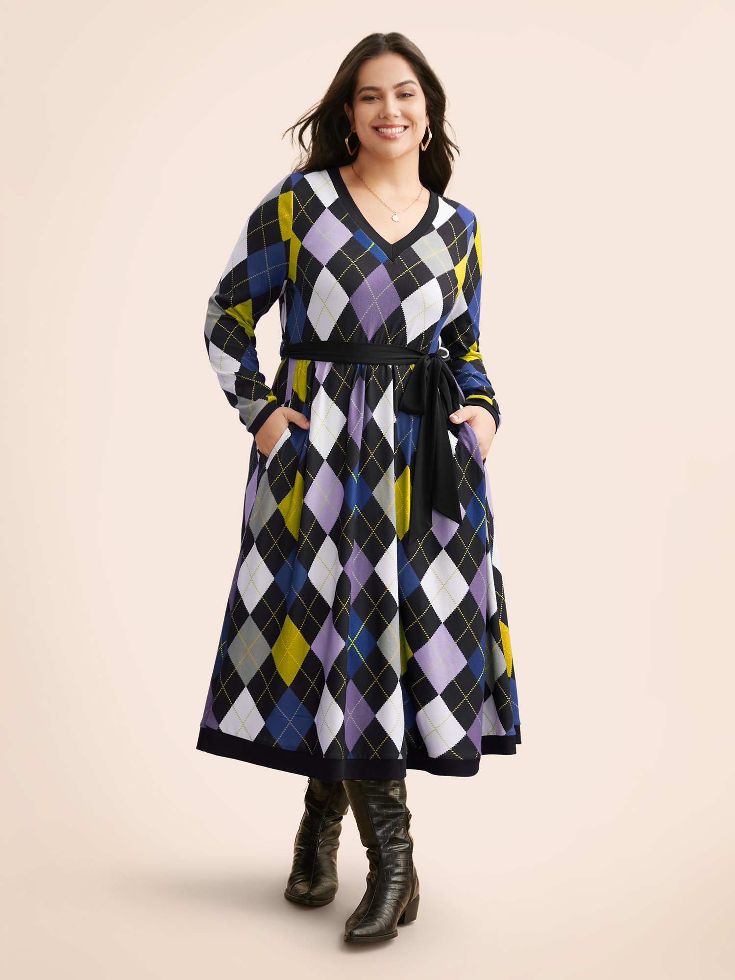 

Plus Size V Neck Colorblock Contrast Belted Dress DarkBlue Women Casual Belted V-neck Long Sleeve Curvy BloomChic