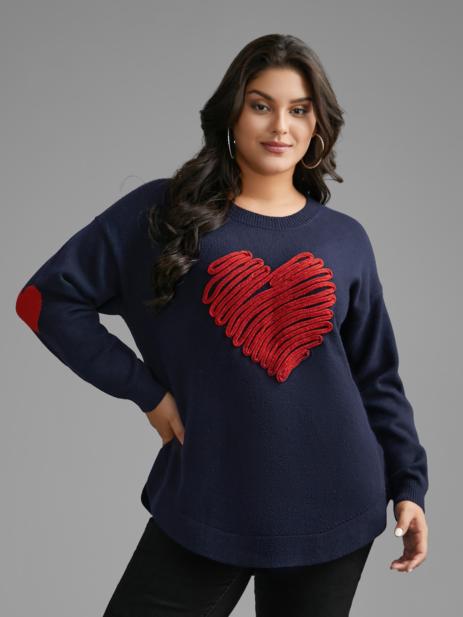 

Plus Size Supersoft Heart Pattern Cardigan Indigo Women Casual Loose Long Sleeve Round Neck Everyday Pullovers BloomChic