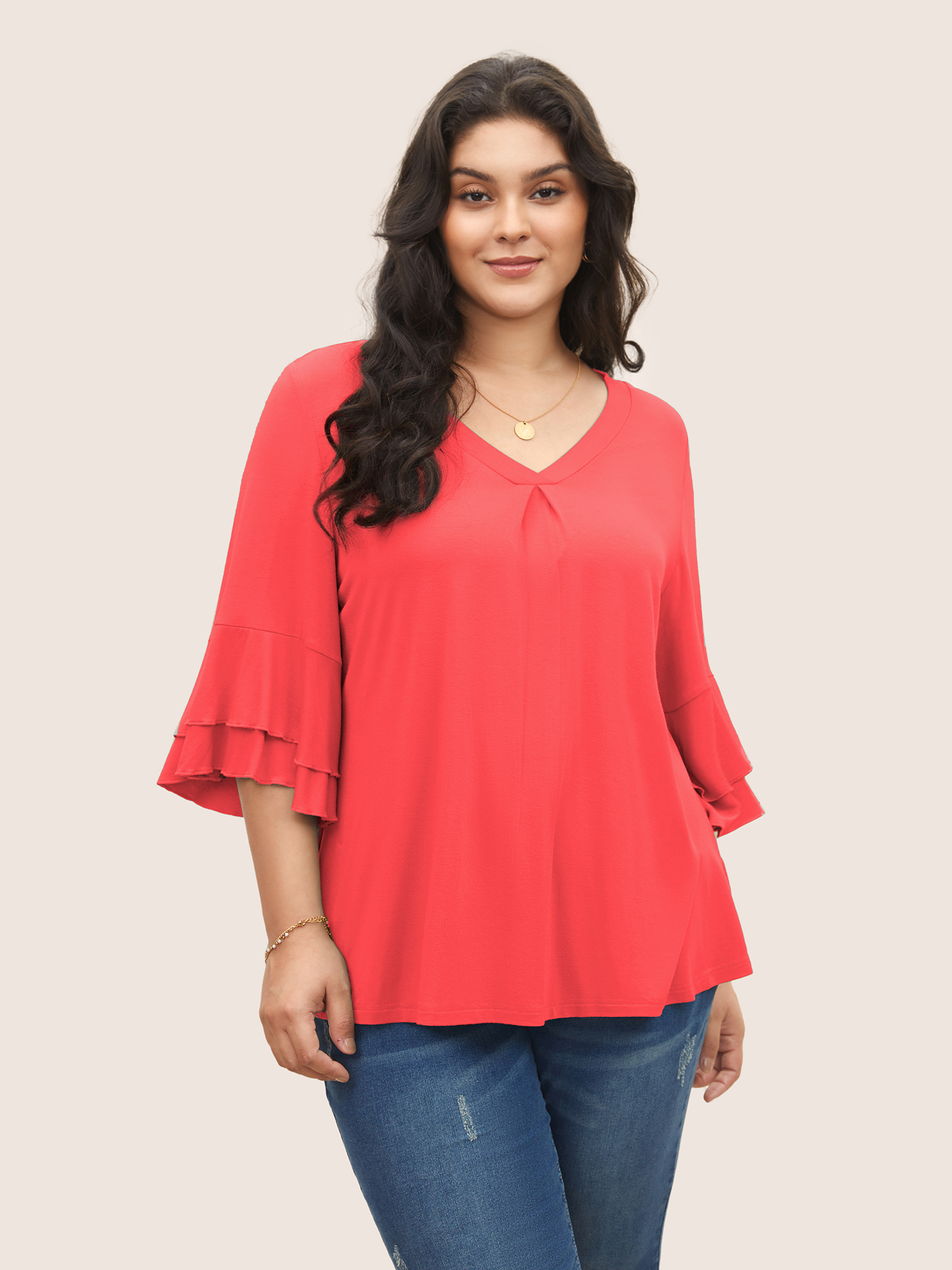 

Plus Size Supersoft Essentials Ruffle Layered Sleeve Pleated T-shirt Rosered Non Short sleeve Elegant Jersey Tops