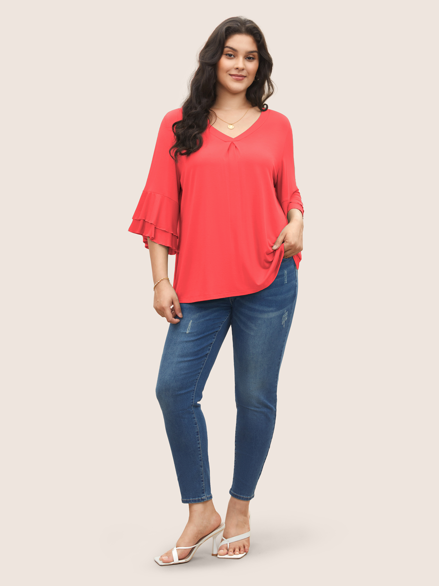 

Plus Size Supersoft Essentials Ruffle Layered Sleeve Pleated T-shirt Rosered Non Short sleeve Elegant Jersey Tops