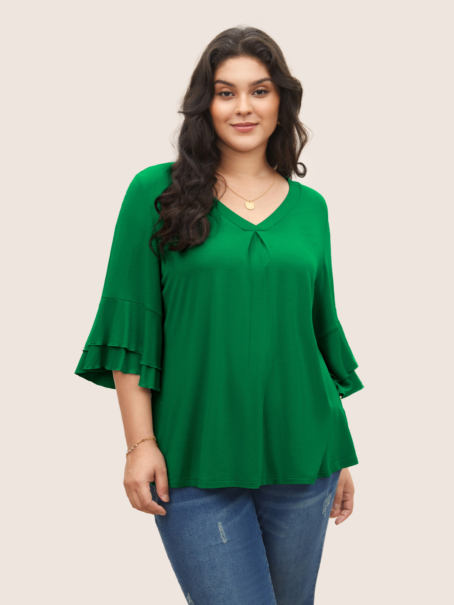 

Plus Size Supersoft Essentials Ruffle Layered Sleeve Pleated T-shirt Truegreen Non Short sleeve Elegant Jersey Tops