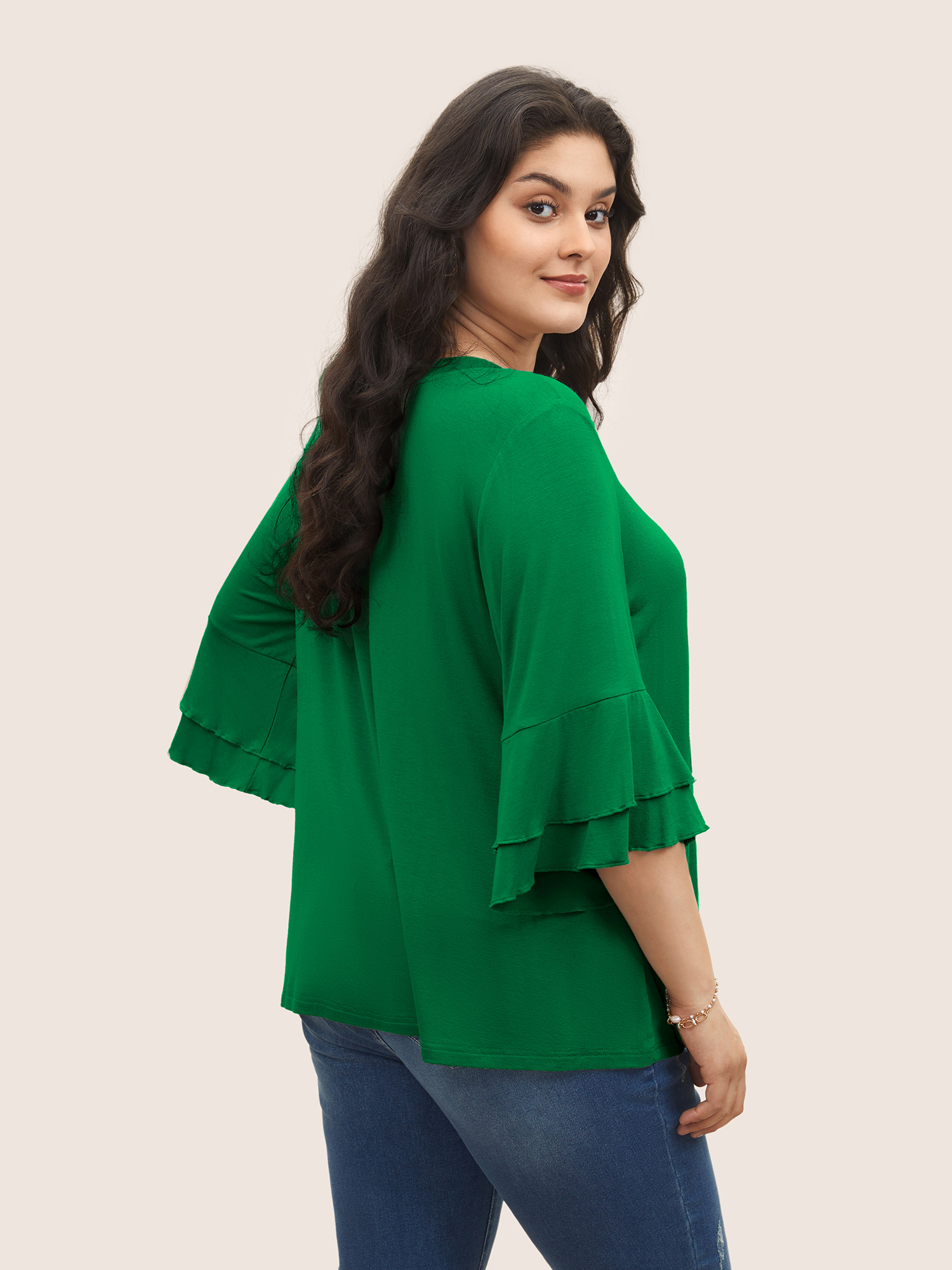 

Plus Size Supersoft Essentials Ruffle Layered Sleeve Pleated T-shirt Truegreen Non Short sleeve Elegant Jersey Tops