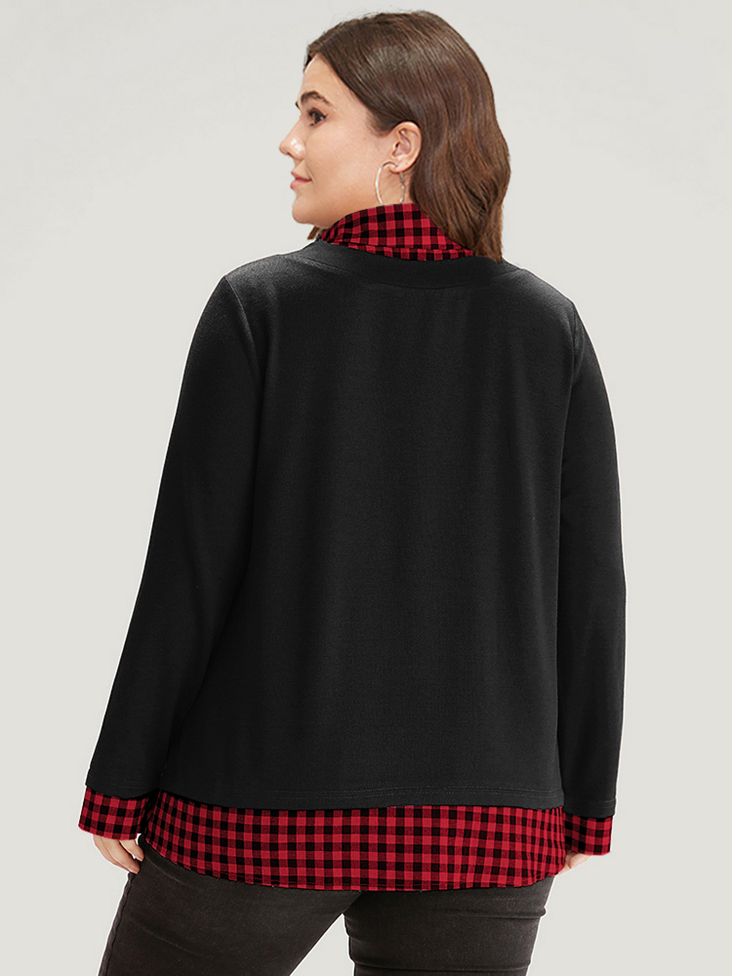 Plus Size Gingham Patchwork Shirt Collar Arc Hem Sweatshirt Women Multicolor Casual Patchwork V-neck Everyday Sweatshirts BloomChic 22-24/3X 