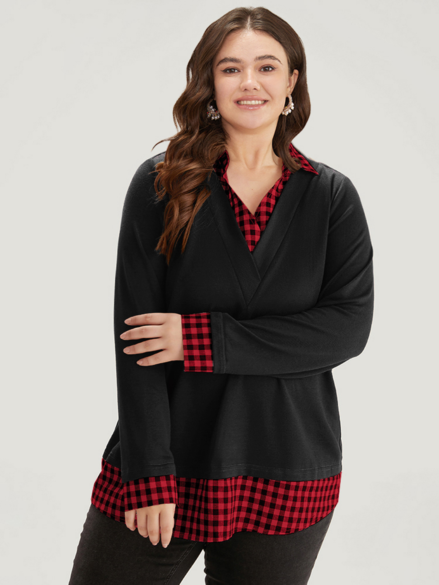 Plus Size Gingham Patchwork Shirt Collar Arc Hem Sweatshirt Women Multicolor Casual Patchwork V-neck Everyday Sweatshirts BloomChic 22-24/3X 