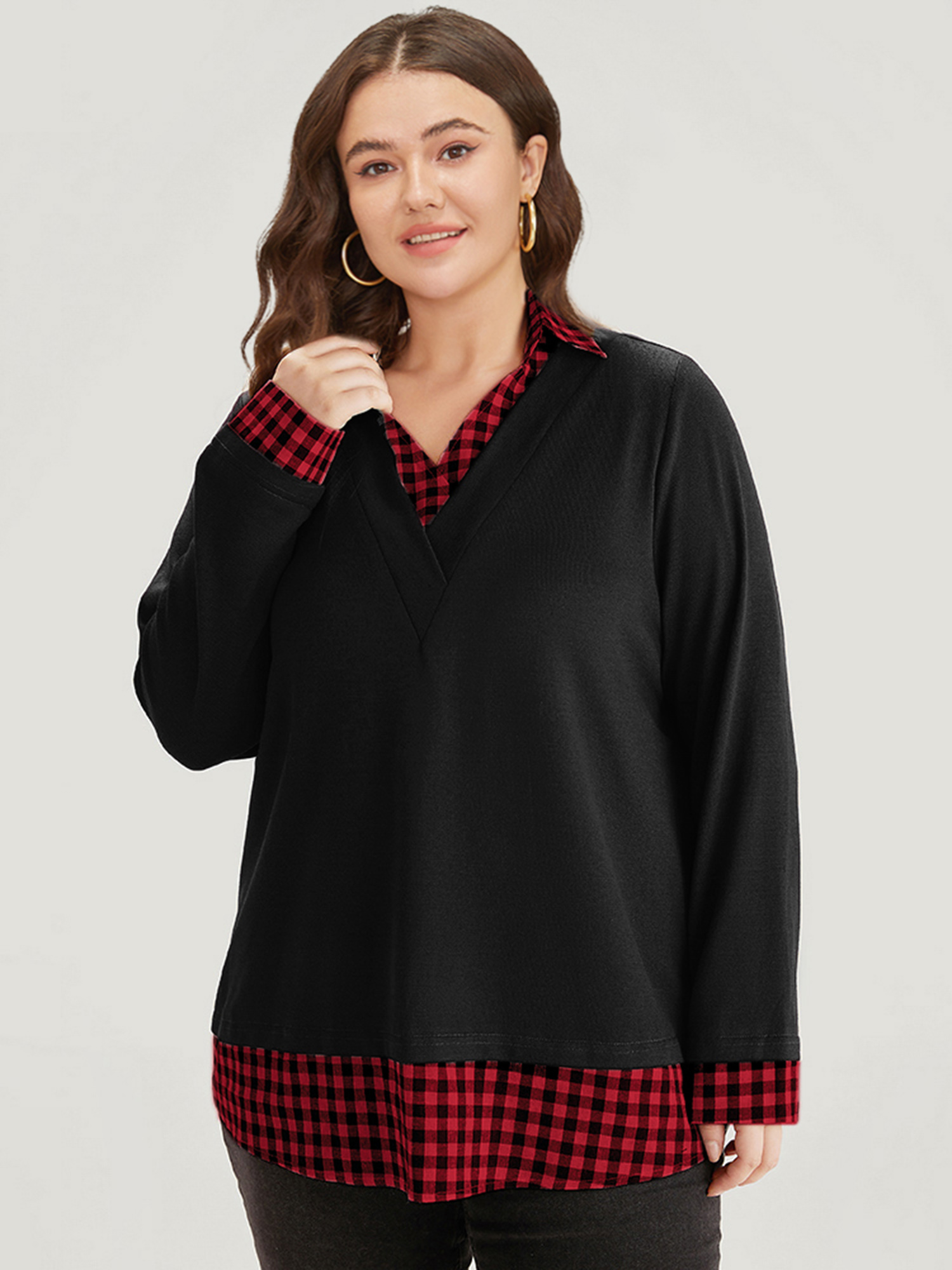 Plus Size Gingham Patchwork Shirt Collar Arc Hem Sweatshirt Women Multicolor Casual Patchwork V-neck Everyday Sweatshirts BloomChic 22-24/3X 