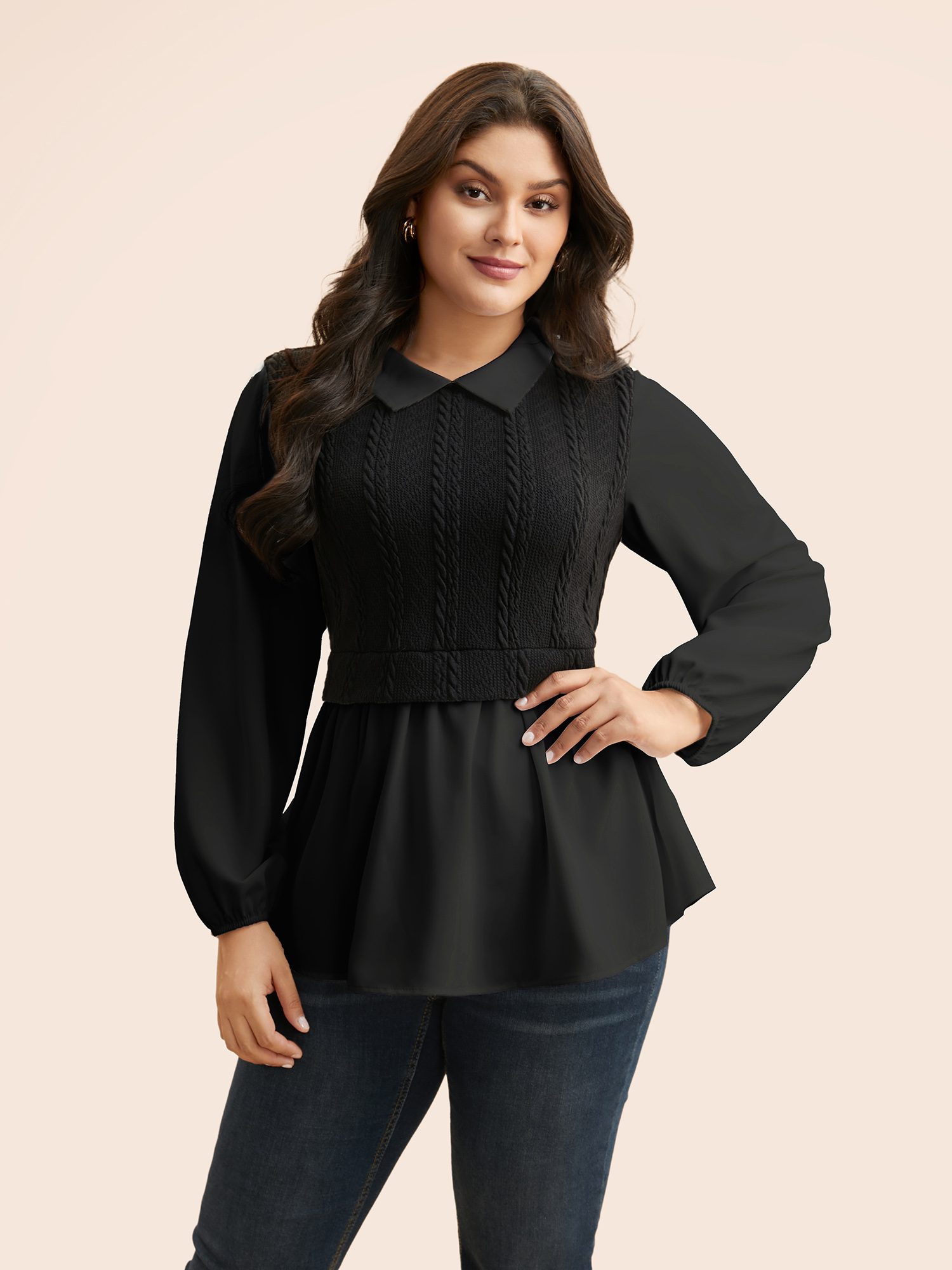 

Plus Size Black Peter Pan Collar Patchwork Contrast Blouse Women Elegant Long Sleeve Peter Pan collar Everyday Blouses BloomChic