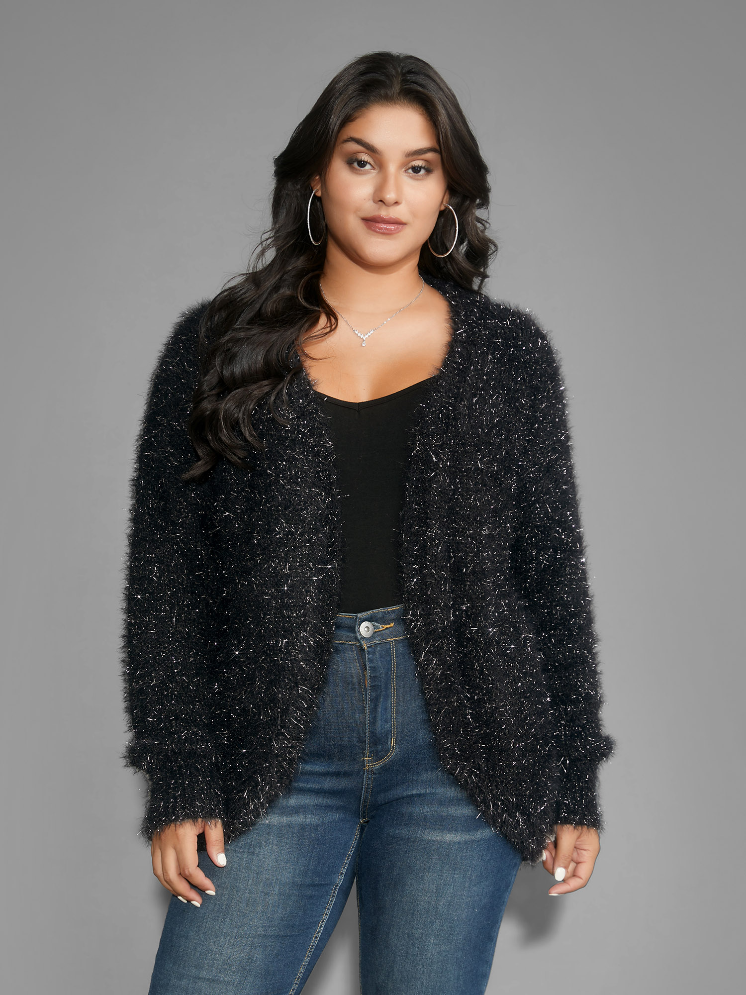 

Plus Size Luxe Fluffy Open Front Cardigan Black Women Cocktail Loose Long Sleeve Party Cardigans BloomChic