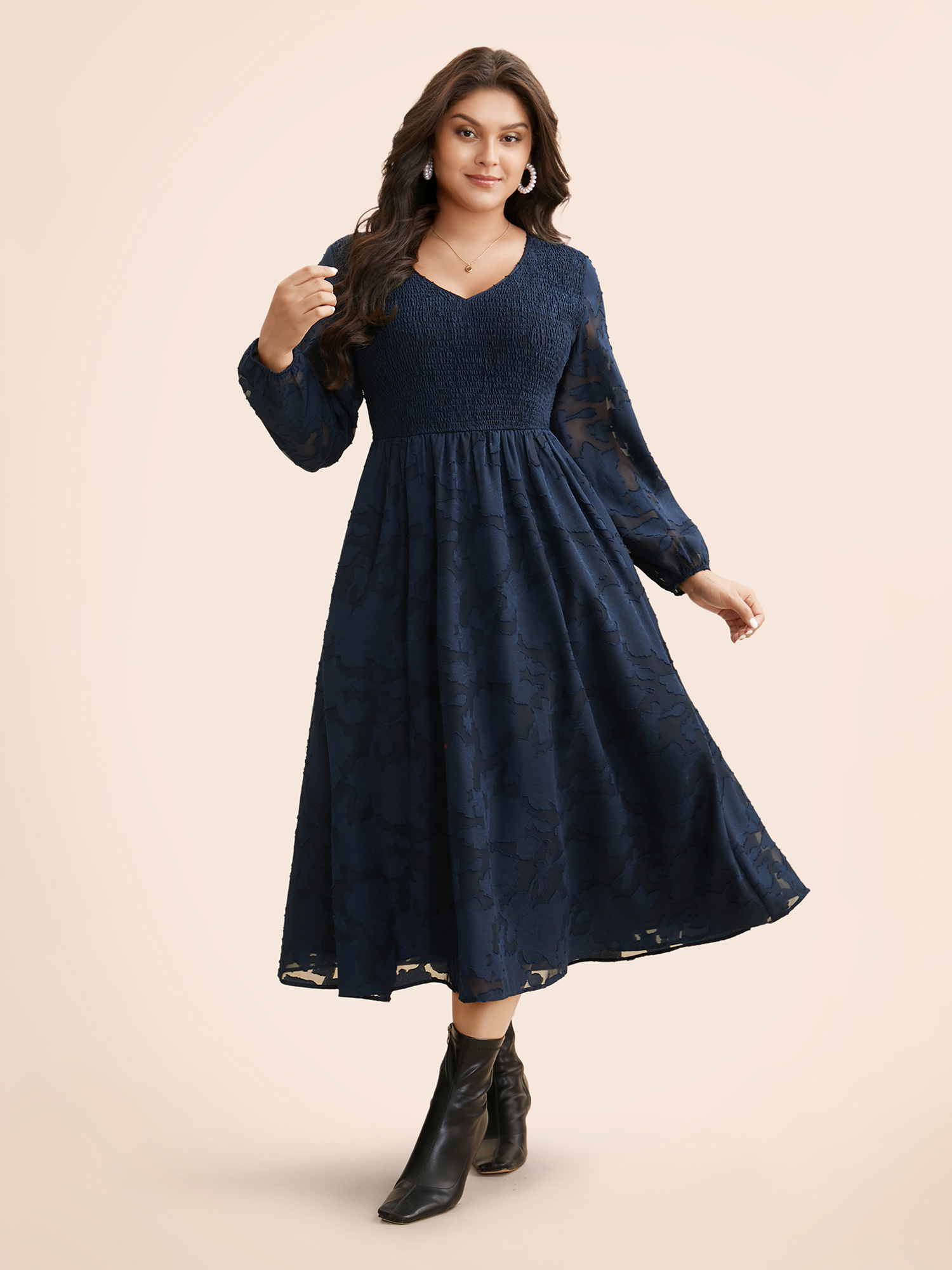 

Plus Size Solid Textured Shirred Elastic Waist Dress DarkBlue Women Elegant Texture V-neck Long Sleeve Curvy BloomChic