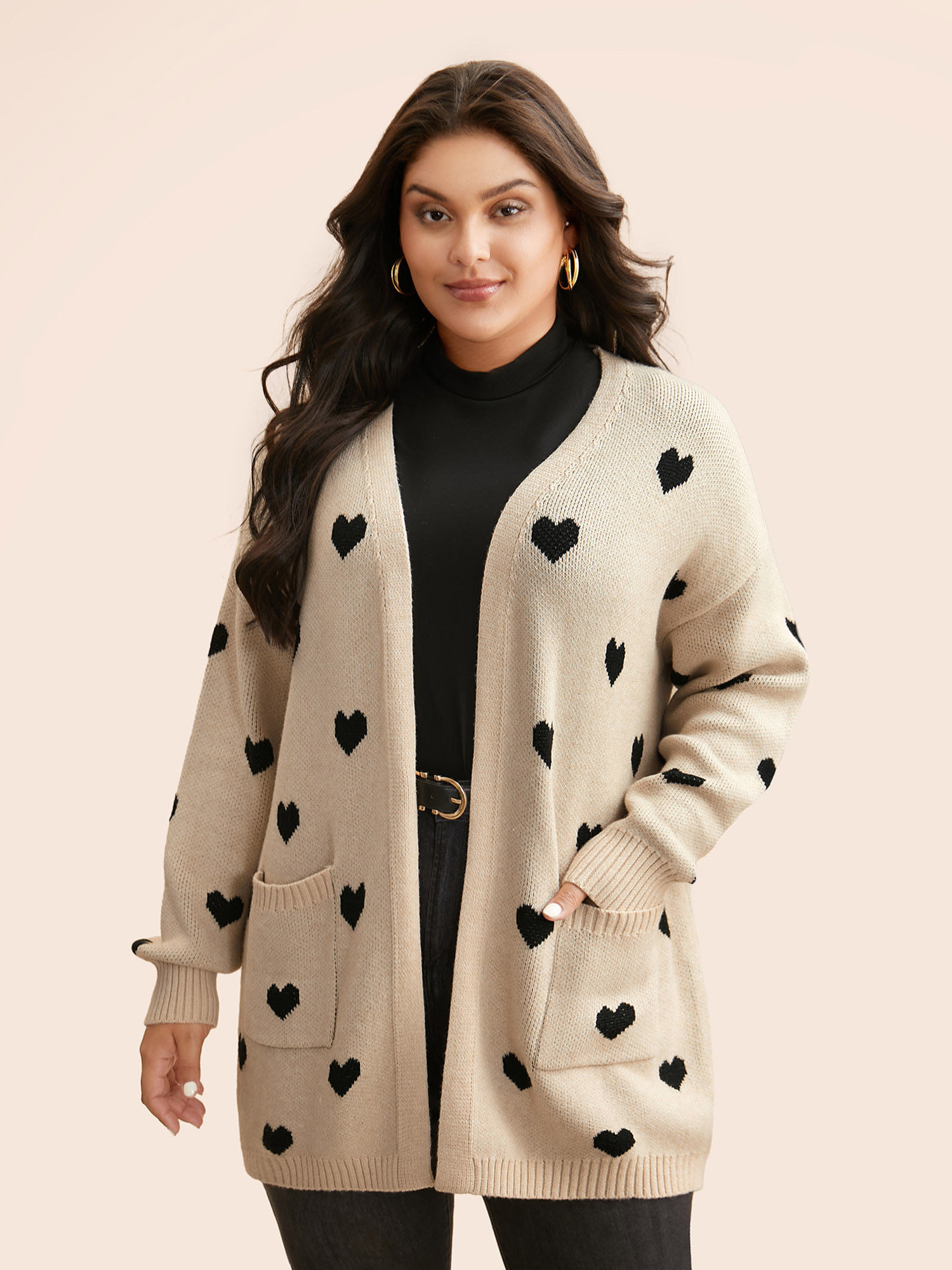 

Plus Size Heart-shaped Pattern Patch Pocket Cardigan Apricot Women Basics Loose Long Sleeve Everyday Cardigans BloomChic