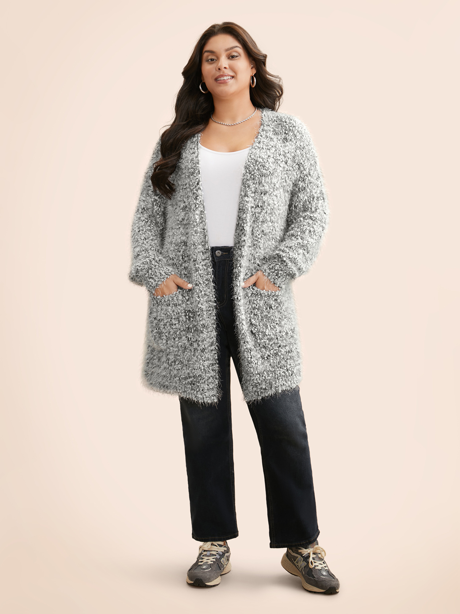 

Plus Size Texture Fluffy Open Front Cardigan LightGray Women Casual Loose Long Sleeve Everyday Cardigans BloomChic